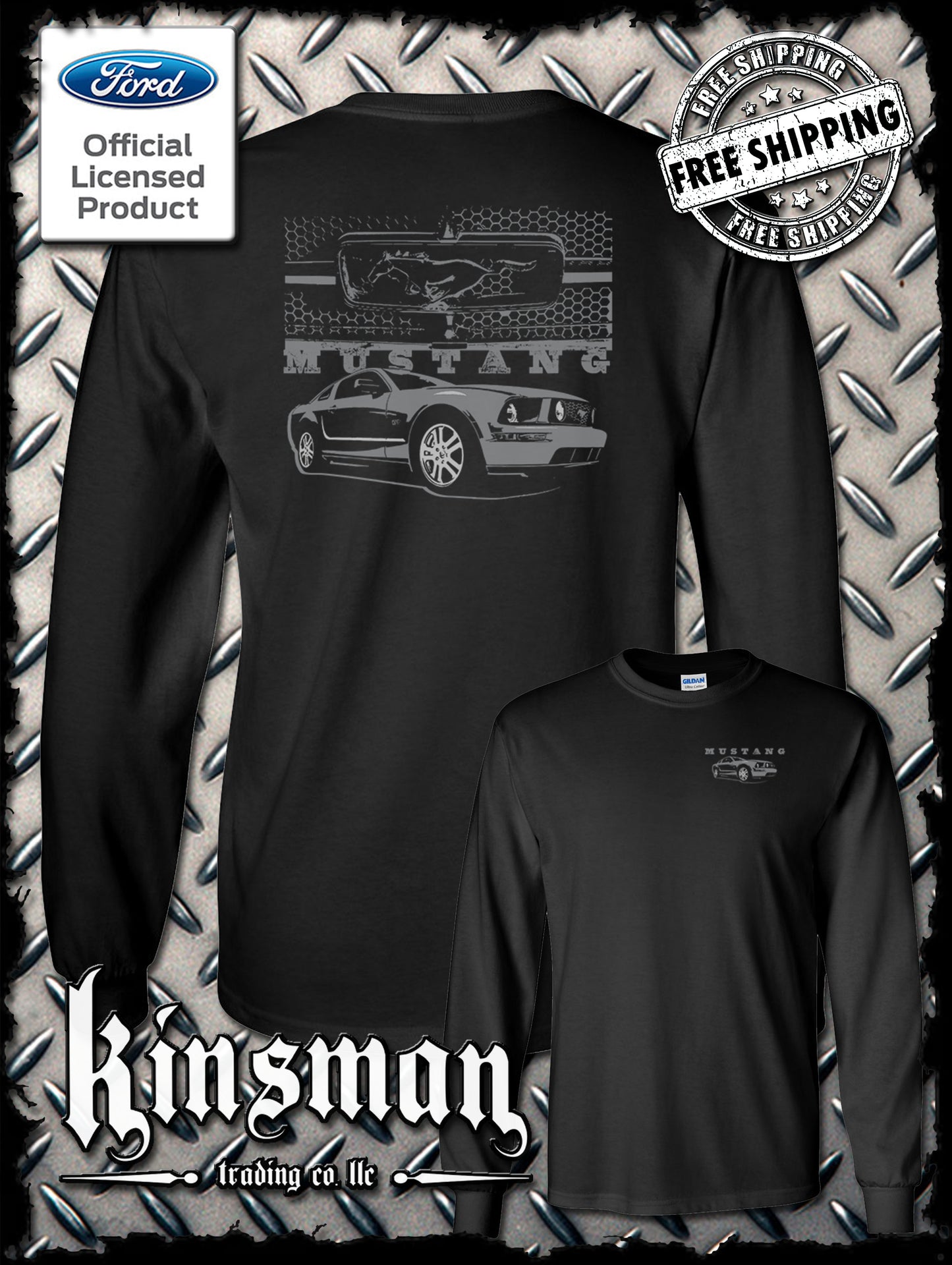 Ford Mustang With Honeycomb Grille 2-Sided Long Sleeve T-Shirt Shelby Cobra GT500 Official Licensed Product