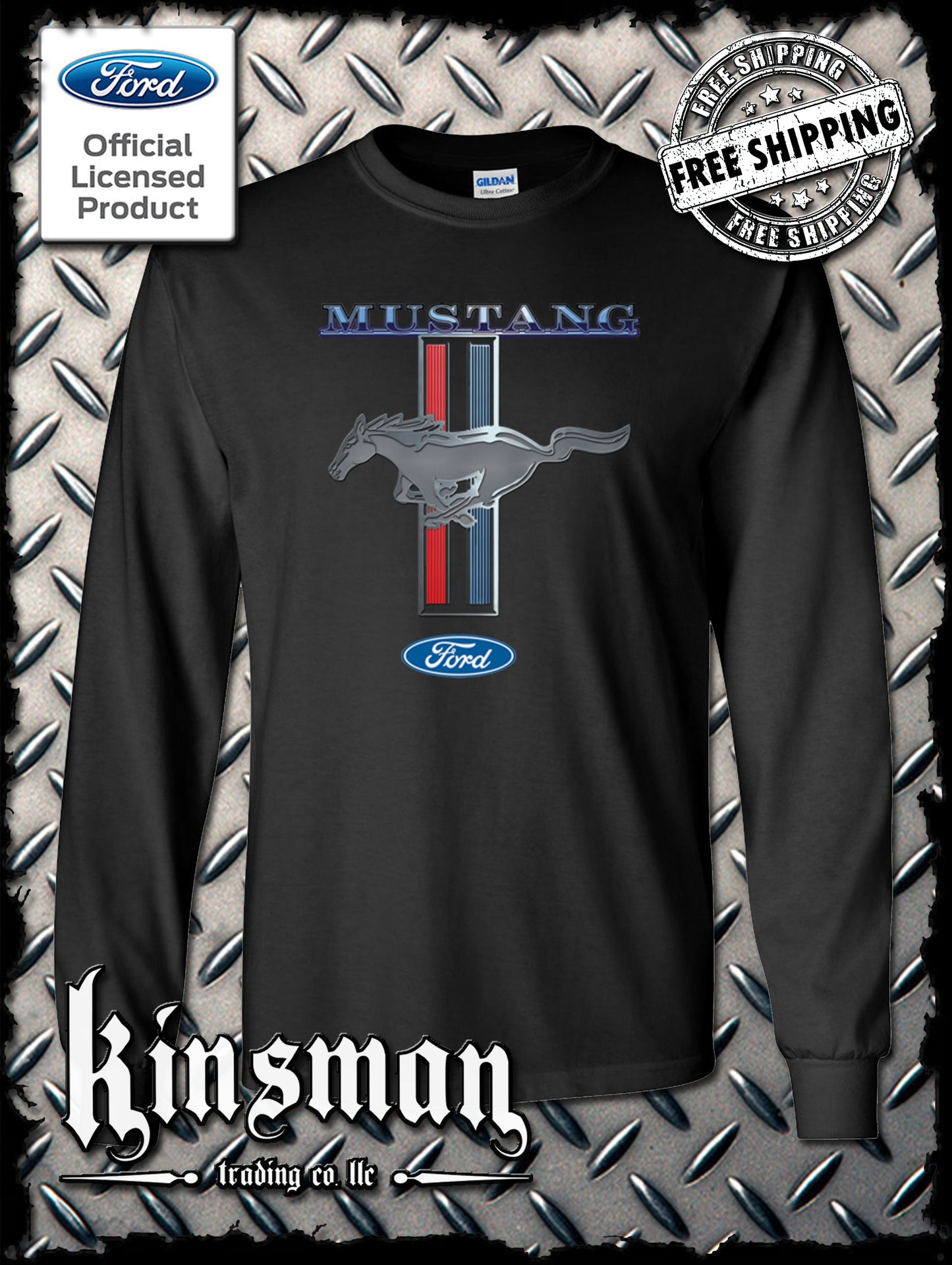 Ford Mustang Red White & Blue Stripe Logo Long Sleeve T-Shirt