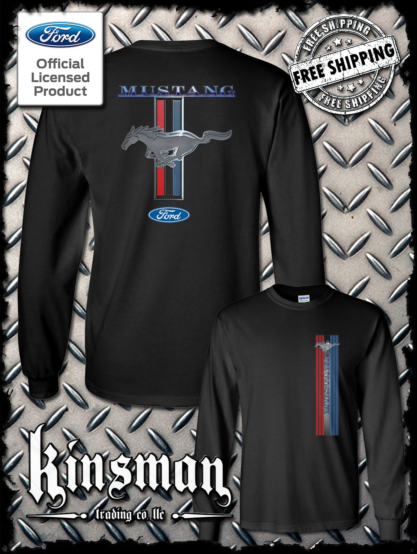 Ford Mustang Red White & Blue Stripe Logo 2-Sided Long Sleeve T-Shirt