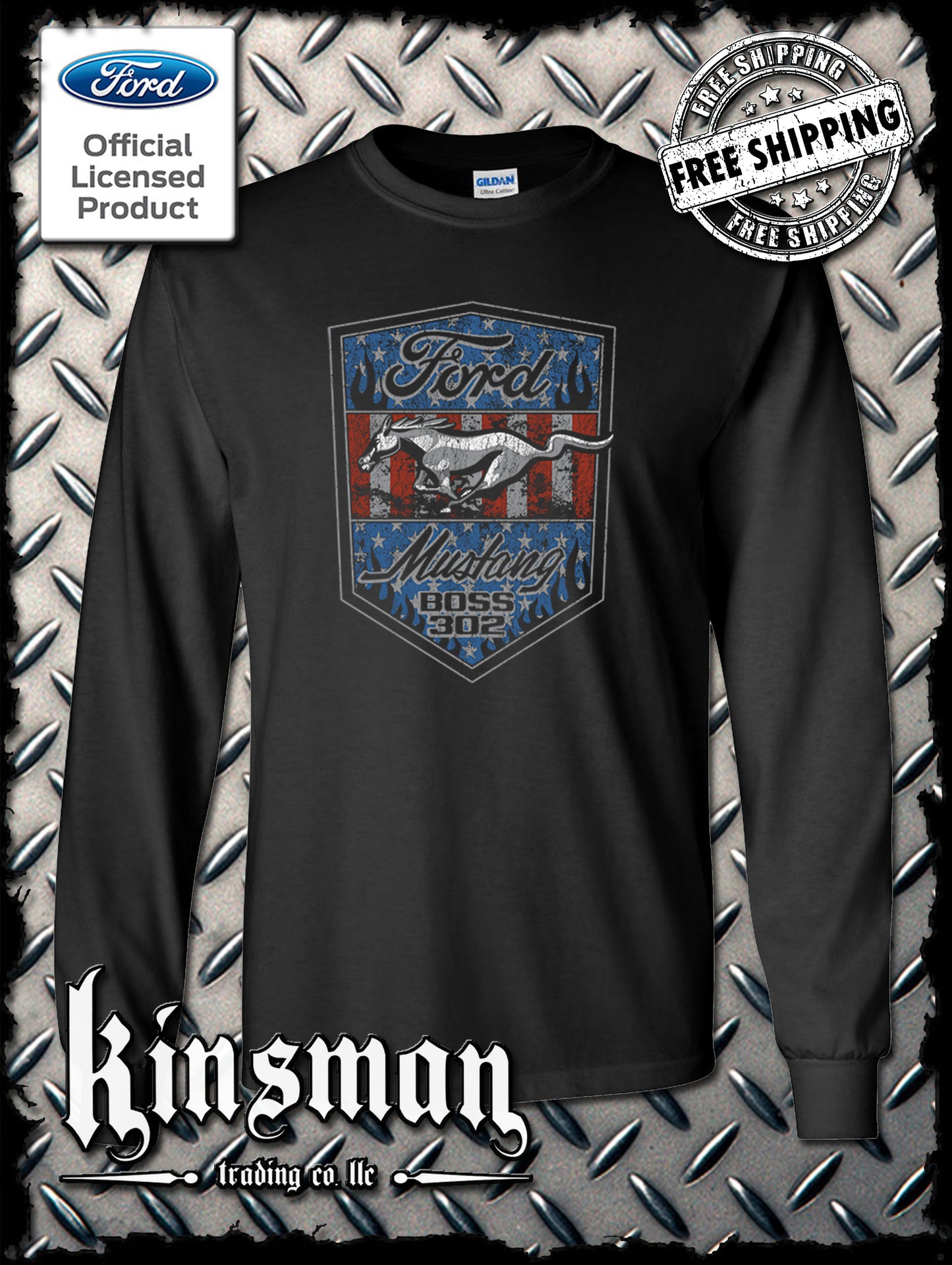 Ford Mustang Shield US Flag Long Sleeve T-Shirt - Boss 302 Official Licensed Product