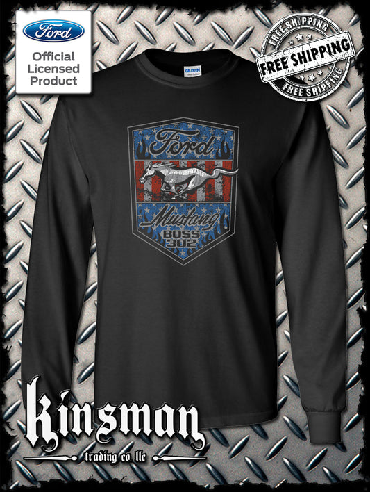 Ford Mustang Shield US Flag Long Sleeve T-Shirt - Boss 302 Official Licensed Product