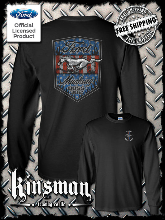 Ford Mustang Shield US Flag 2-Sided Long Sleeve T-Shirt - Boss 302 Official Licensed Product
