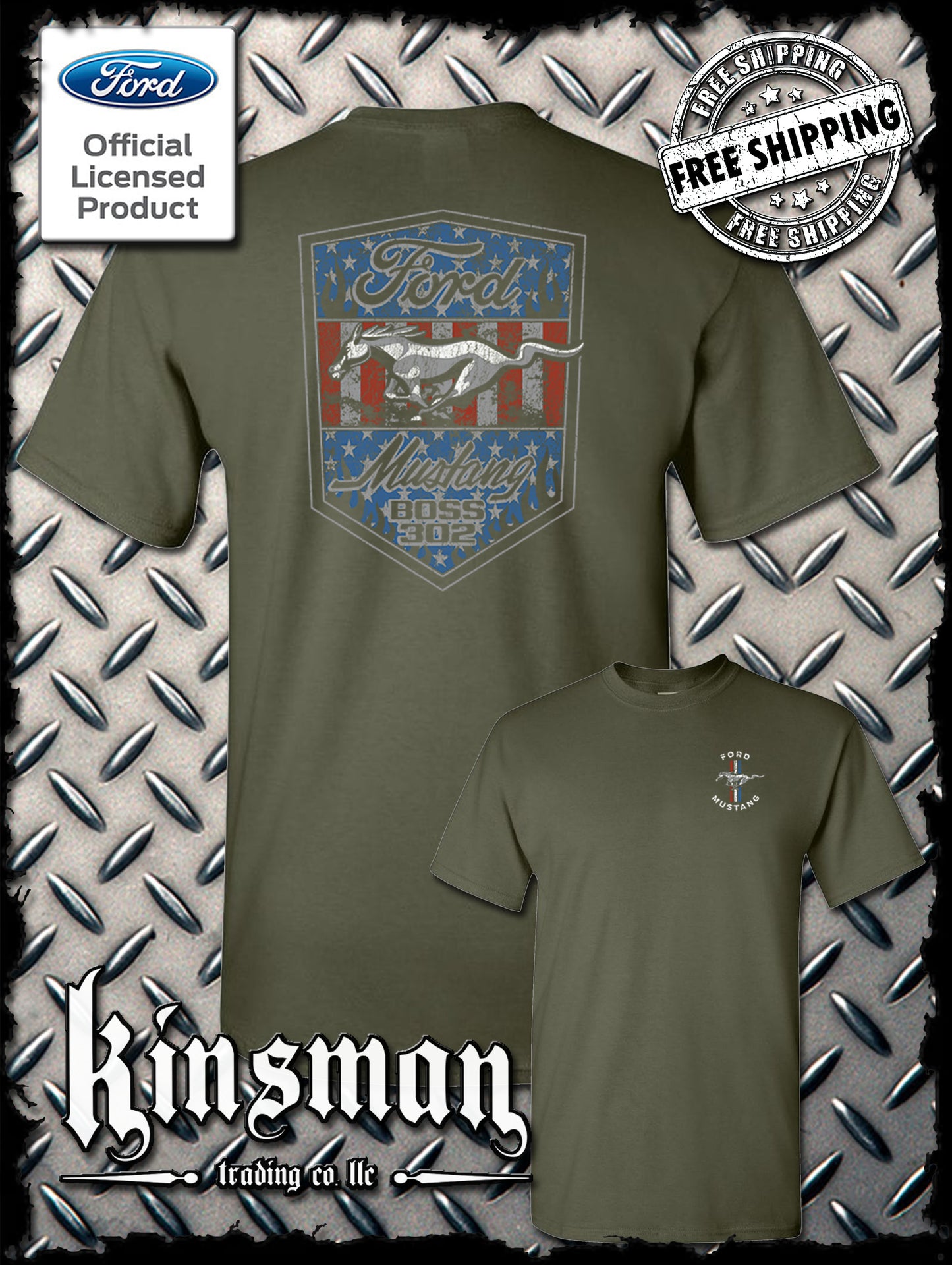 Ford Mustang Shield US Flag 2-Sided T-Shirt - Boss 302 Official Licensed Product