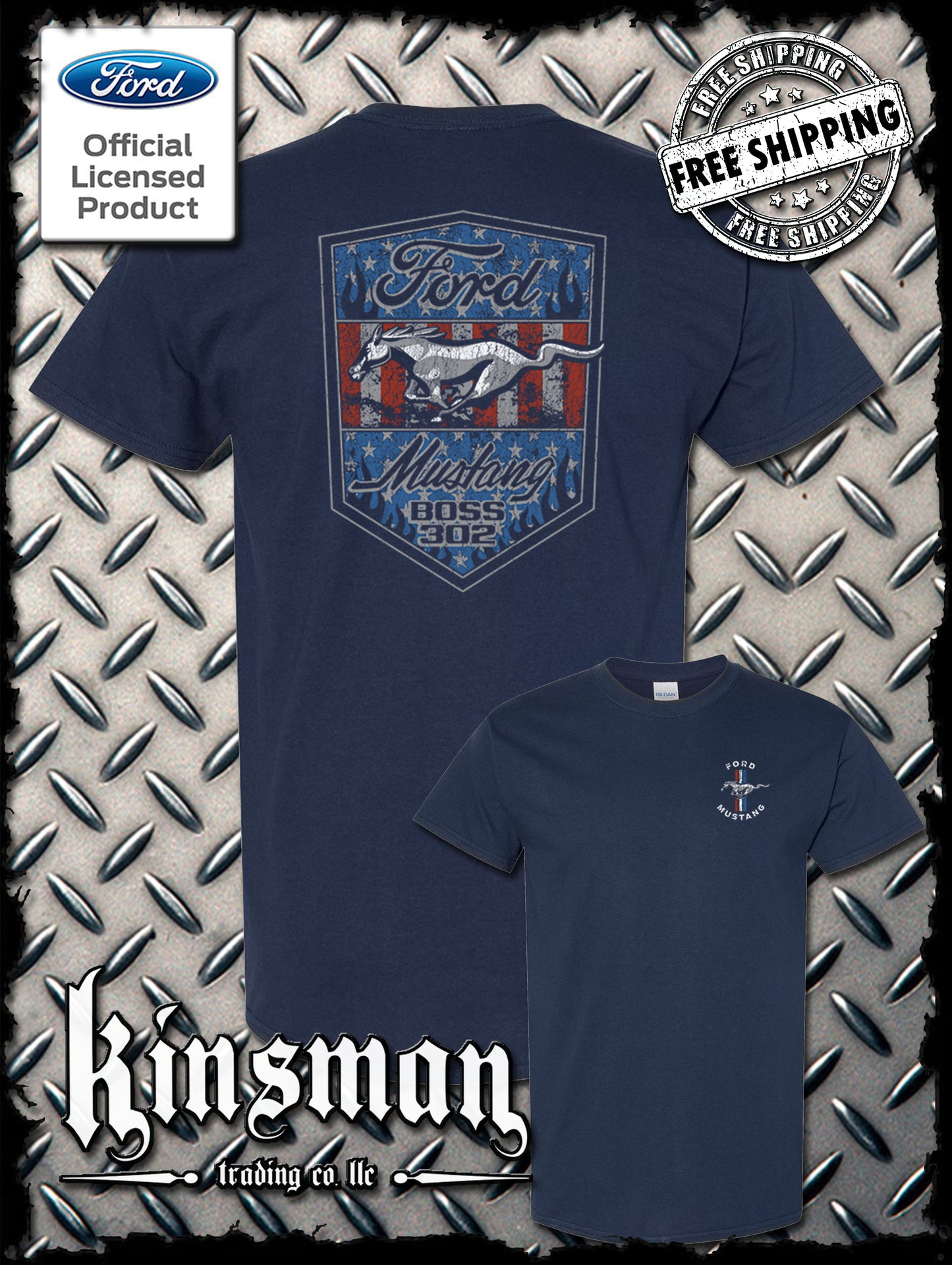 Ford Mustang Shield US Flag 2-Sided T-Shirt - Boss 302 Official Licensed Product