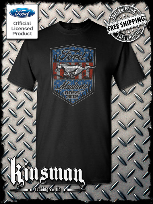 Ford Mustang Shield US Flag T-Shirt - Boss 302 Official Licensed Product