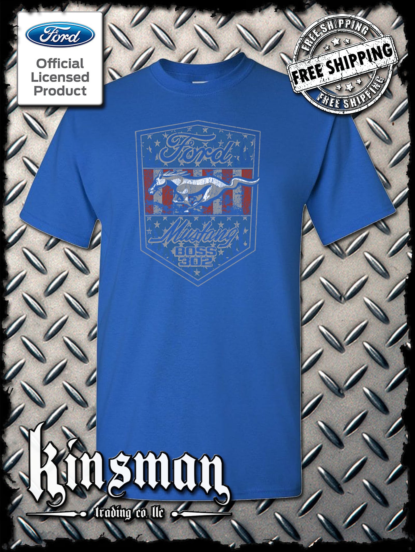 Ford Mustang Shield US Flag T-Shirt - Boss 302 Official Licensed Product