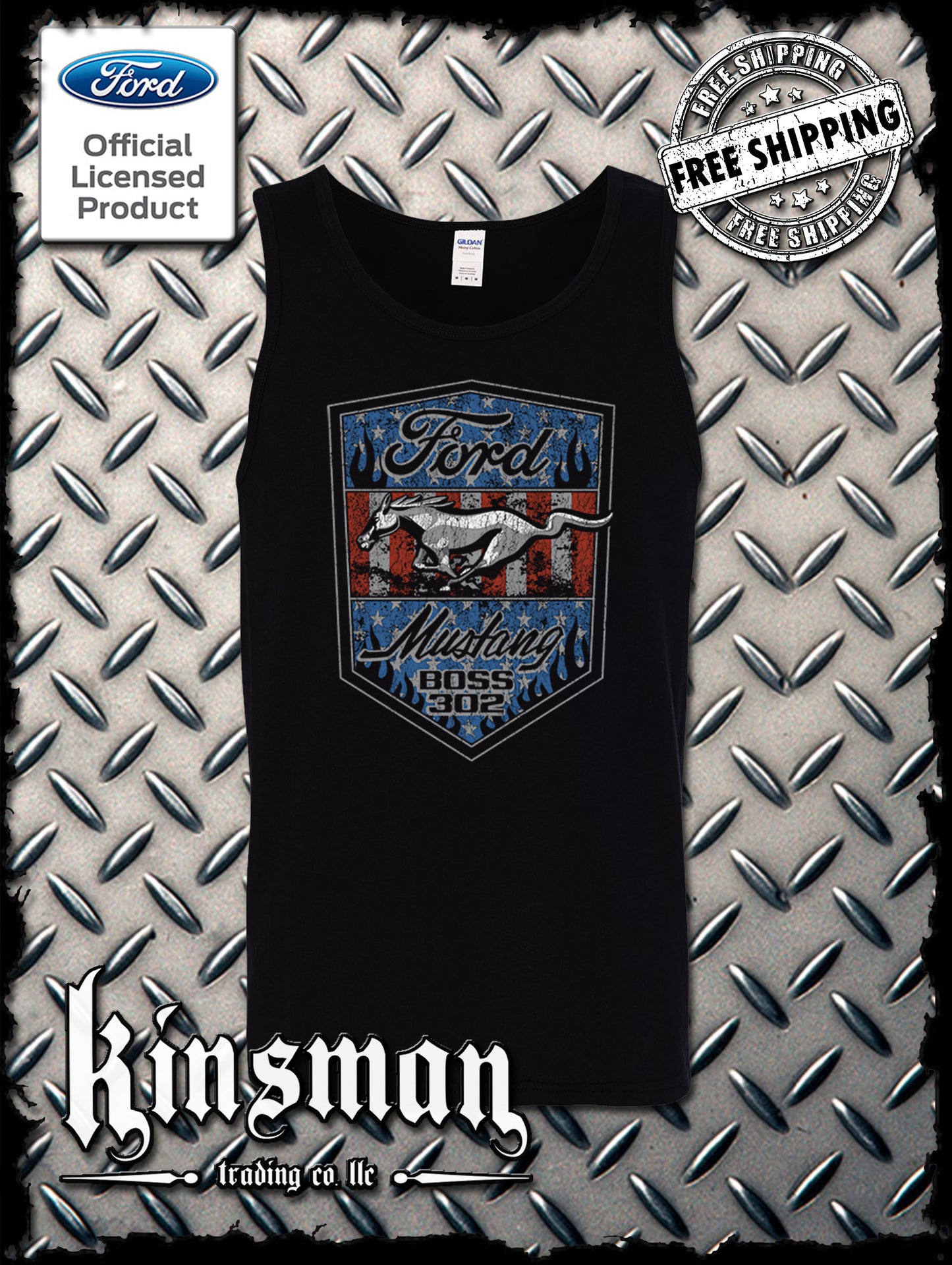 Ford Mustang Shield US Flag Tank Top T-Shirt - Boss 302 Official Licensed Product