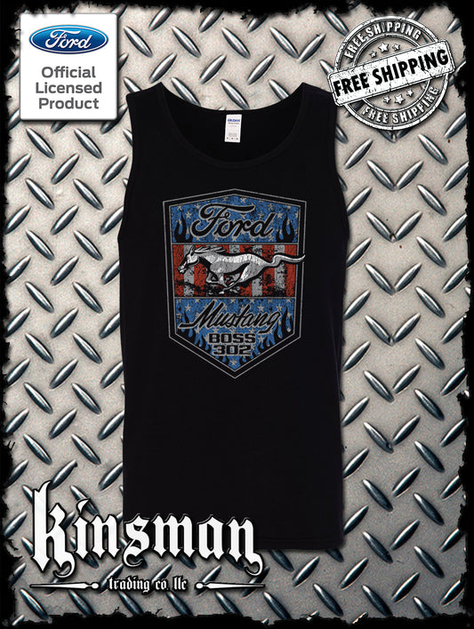 Ford Mustang Shield US Flag Tank Top T-Shirt - Boss 302 Official Licensed Product