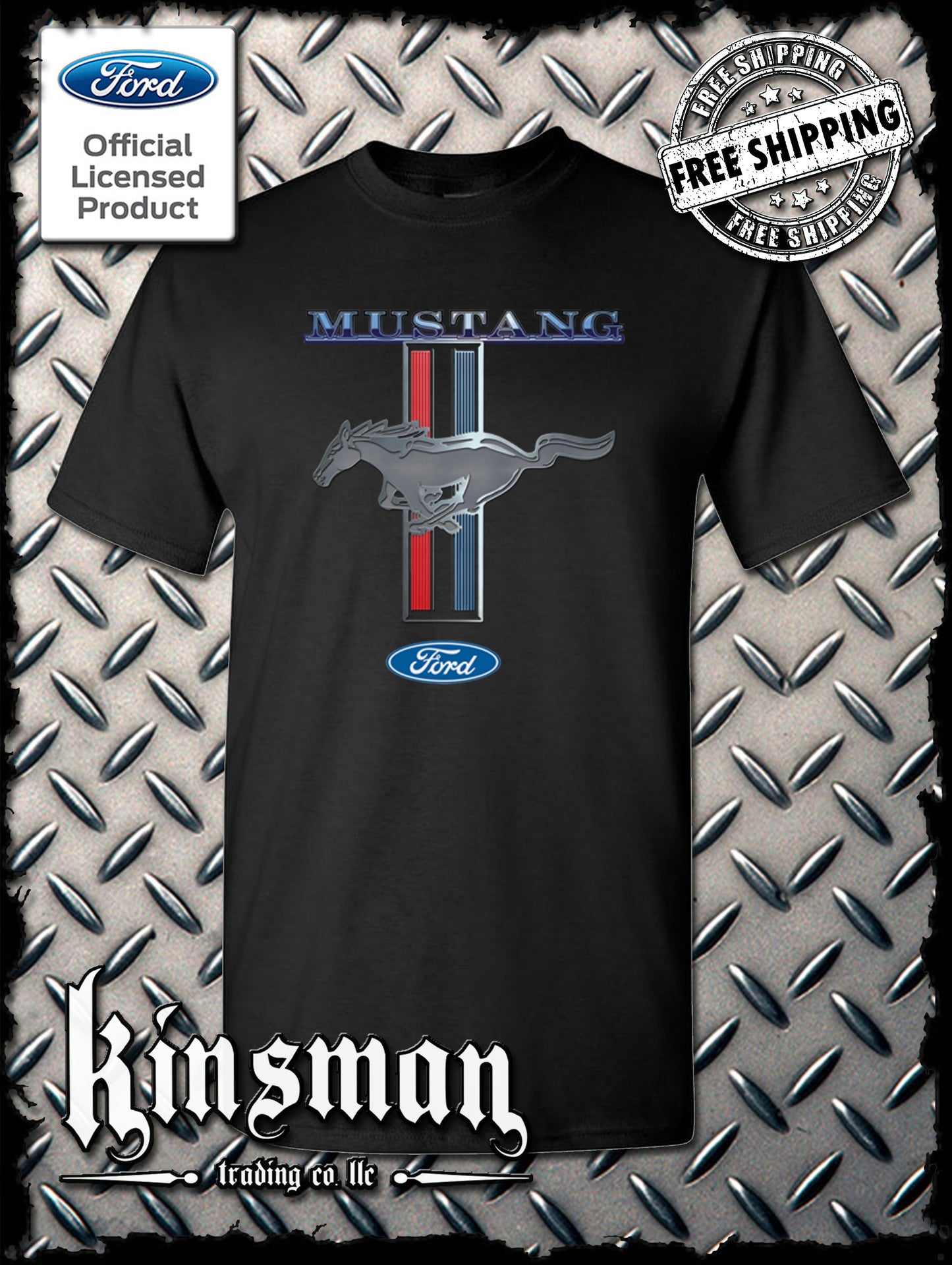 Ford Mustang Red White & Blue Stripe Logo T-Shirt Official Licensed Product