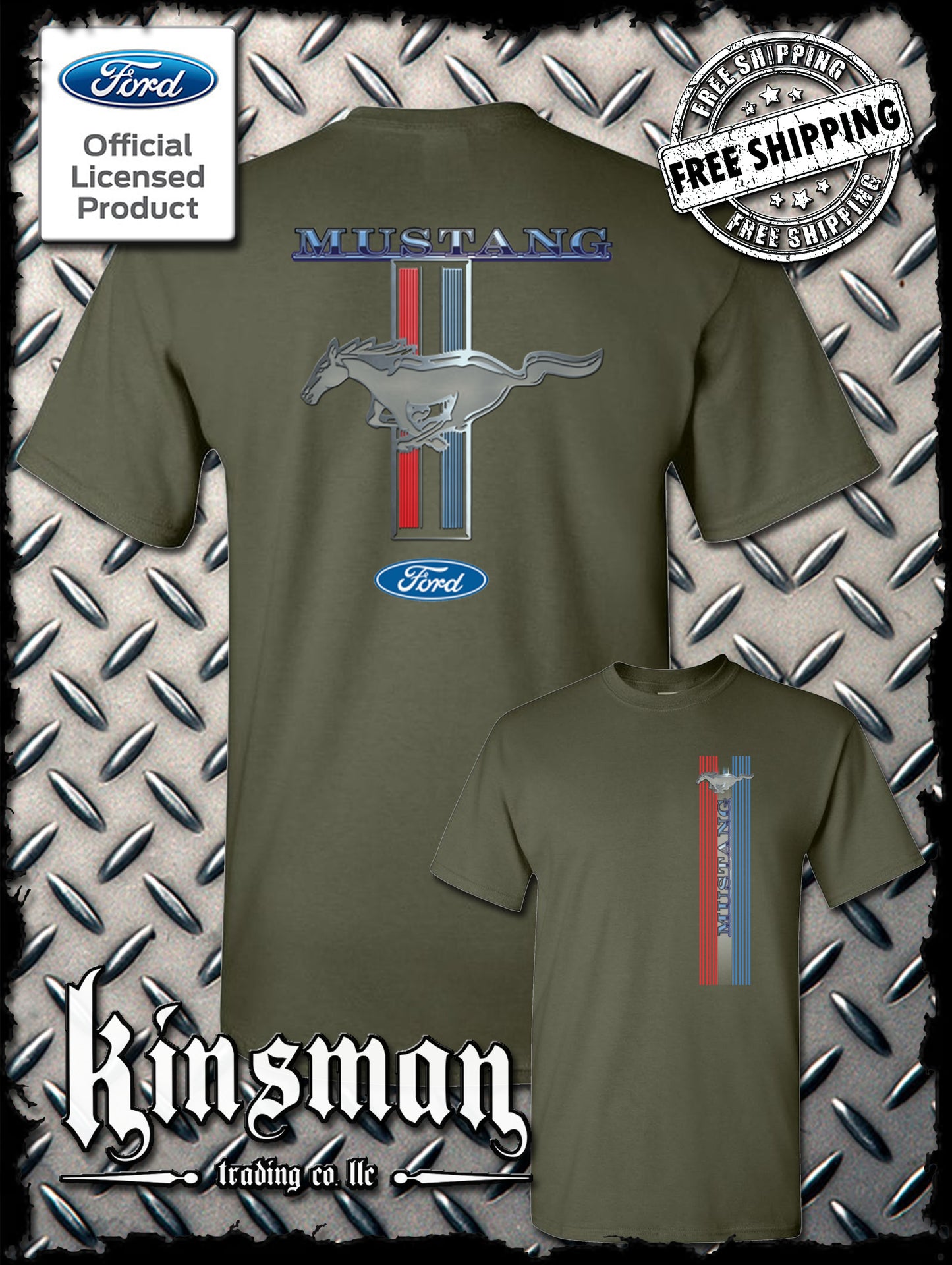 Ford Mustang Red White & Blue Stripe Logo 2-Sided T-Shirt
