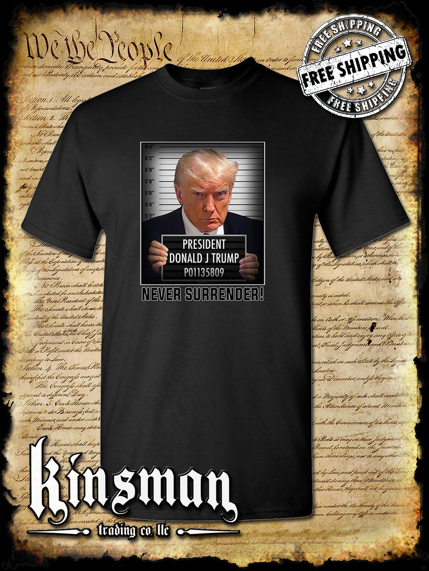 Never Surrender Mugshot Trump For President T-Shirt 2024 MAGA USA
