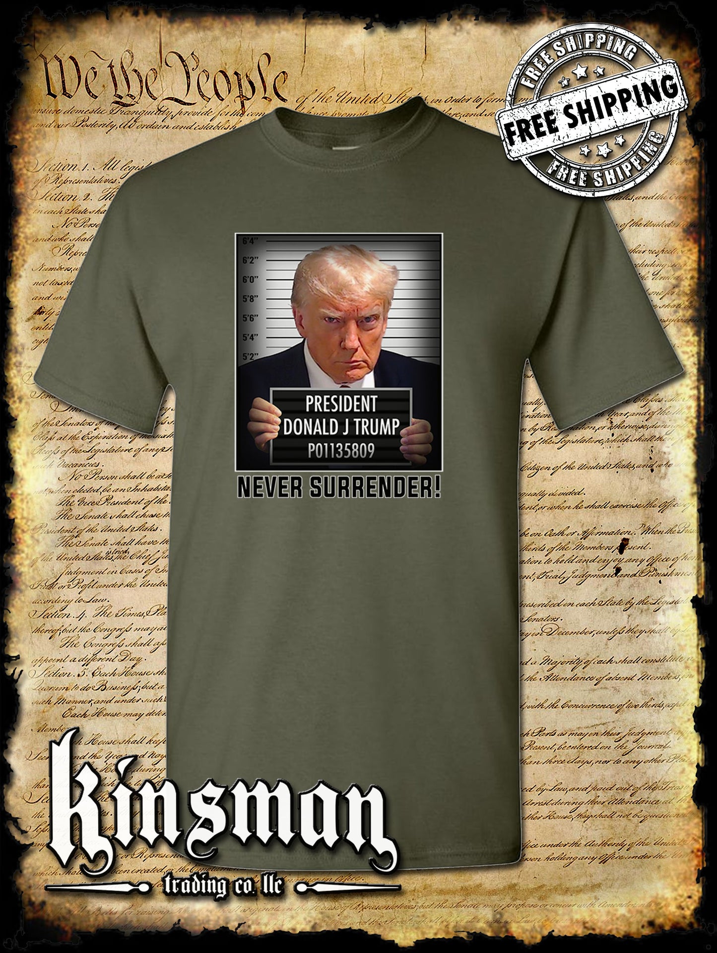 Never Surrender Mugshot Trump For President T-Shirt 2024 MAGA USA