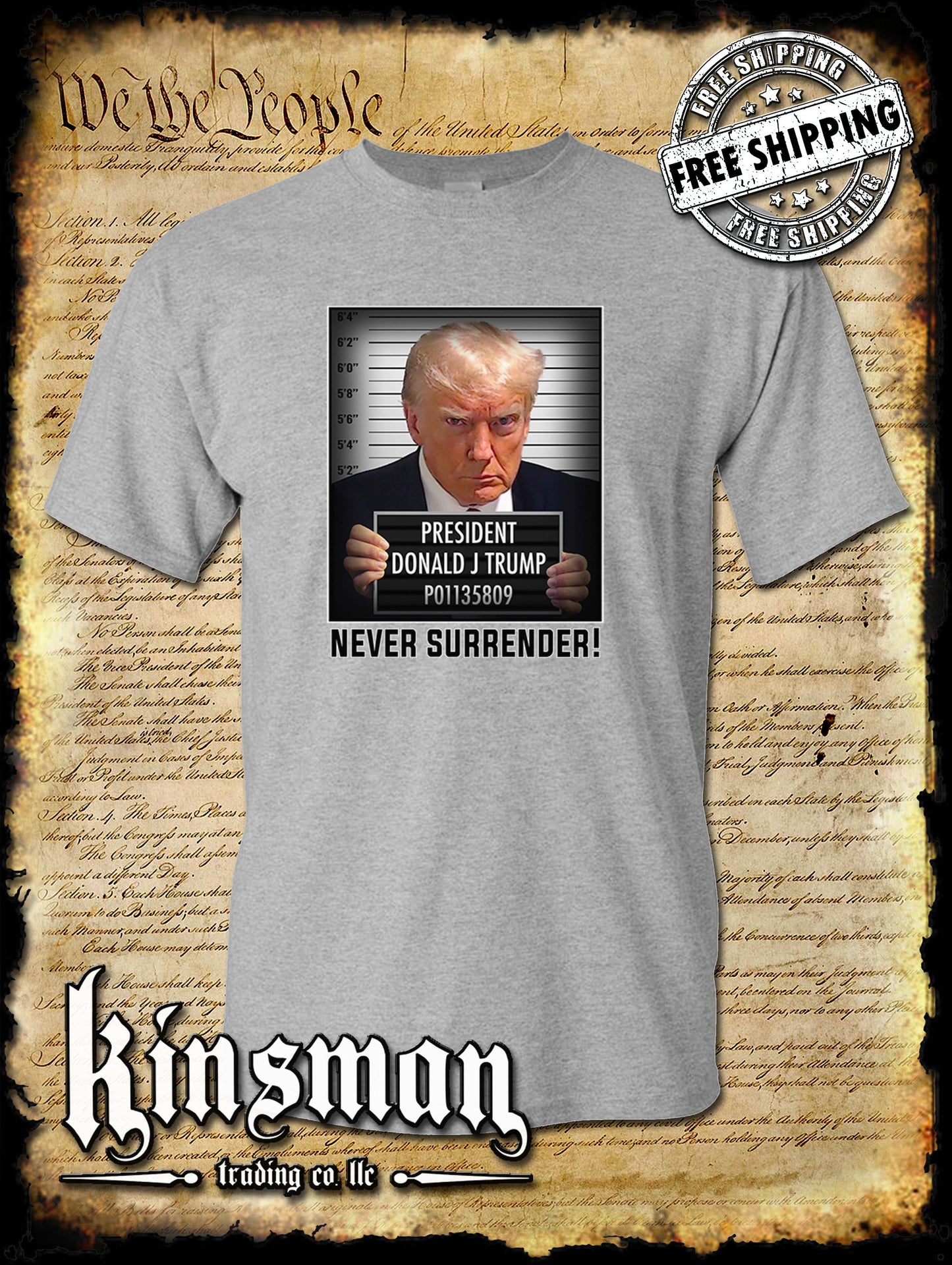 Never Surrender Mugshot Trump For President T-Shirt 2024 MAGA USA