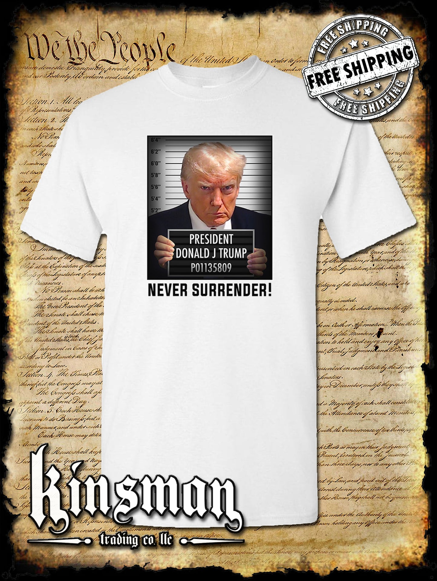 Never Surrender Mugshot Trump For President T-Shirt 2024 MAGA USA