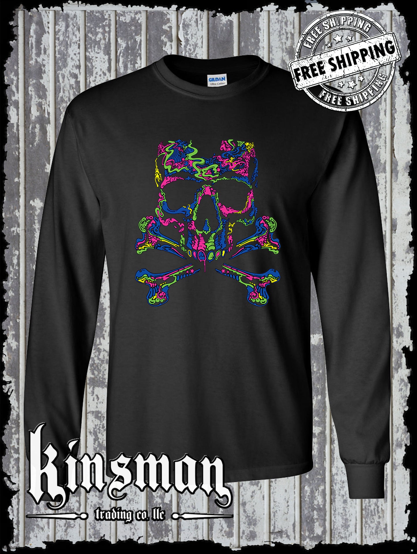 Liquid Blue Neon Skull & Crossbones Long Sleeve T-Shirt