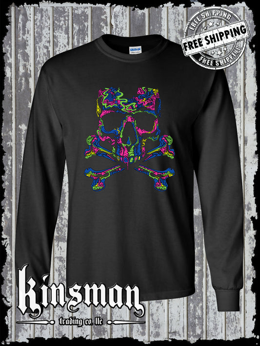 Liquid Blue Neon Skull & Crossbones Long Sleeve T-Shirt