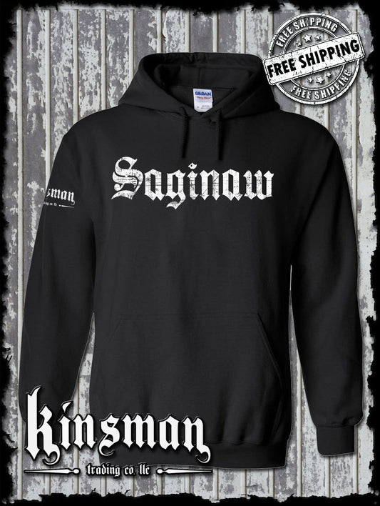 Saginaw Old English Hoodie / Sweatshirt Souvenir Gift Mid-Michigan
