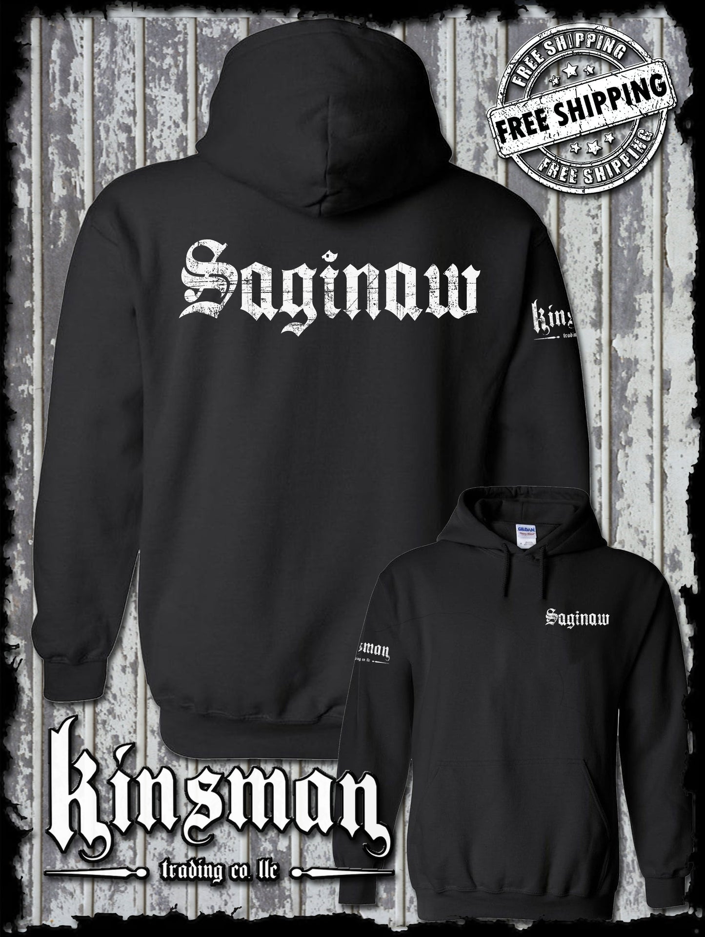 Saginaw Old English 2-Sided Hoodie / Sweatshirt Souvenir Gift Mid-Michigan