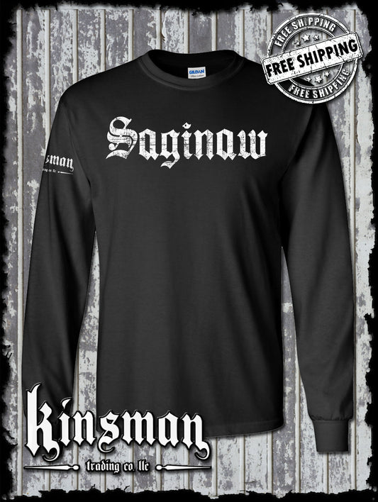 Saginaw Old English Long Sleeve T-Shirt Souvenir Gift Mid-Michigan