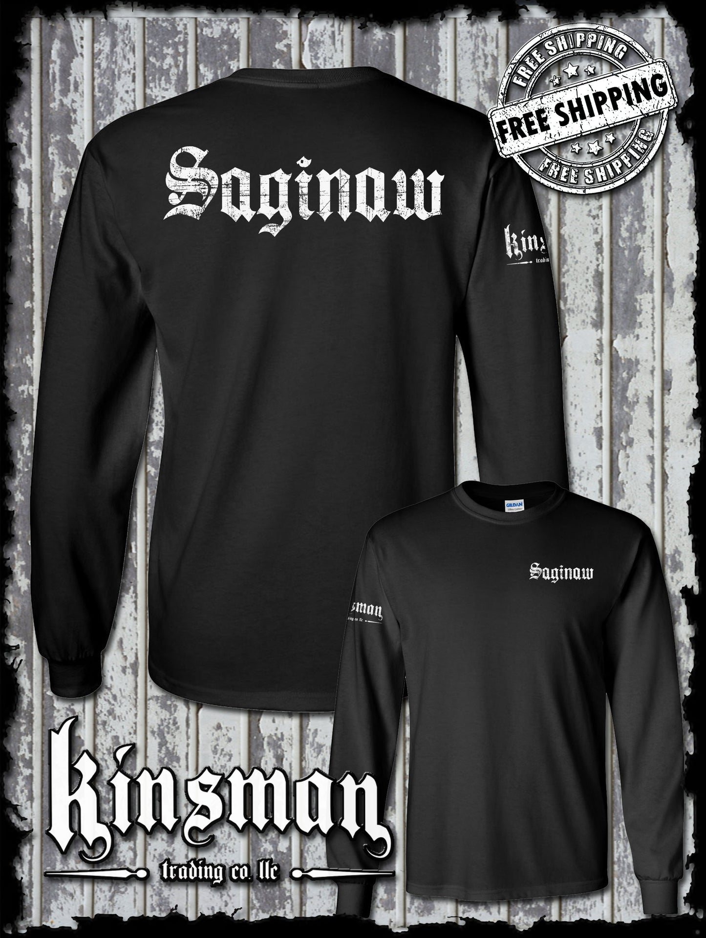 Saginaw Old English 2-Sided Long Sleeve T-Shirt Souvenir Gift Mid-Michigan