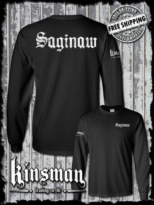 Saginaw Old English 2-Sided Long Sleeve T-Shirt Souvenir Gift Mid-Michigan