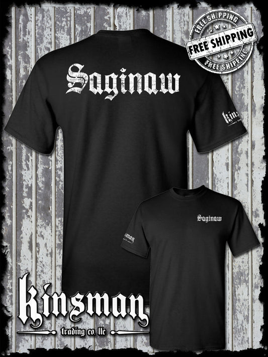 Saginaw Old English 2-Sided T-Shirt Souvenir Gift Mid-Michigan