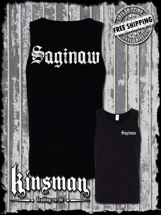 Saginaw Old English 2-Sided Tank Top T-Shirt Souvenir Gift Mid-Michigan