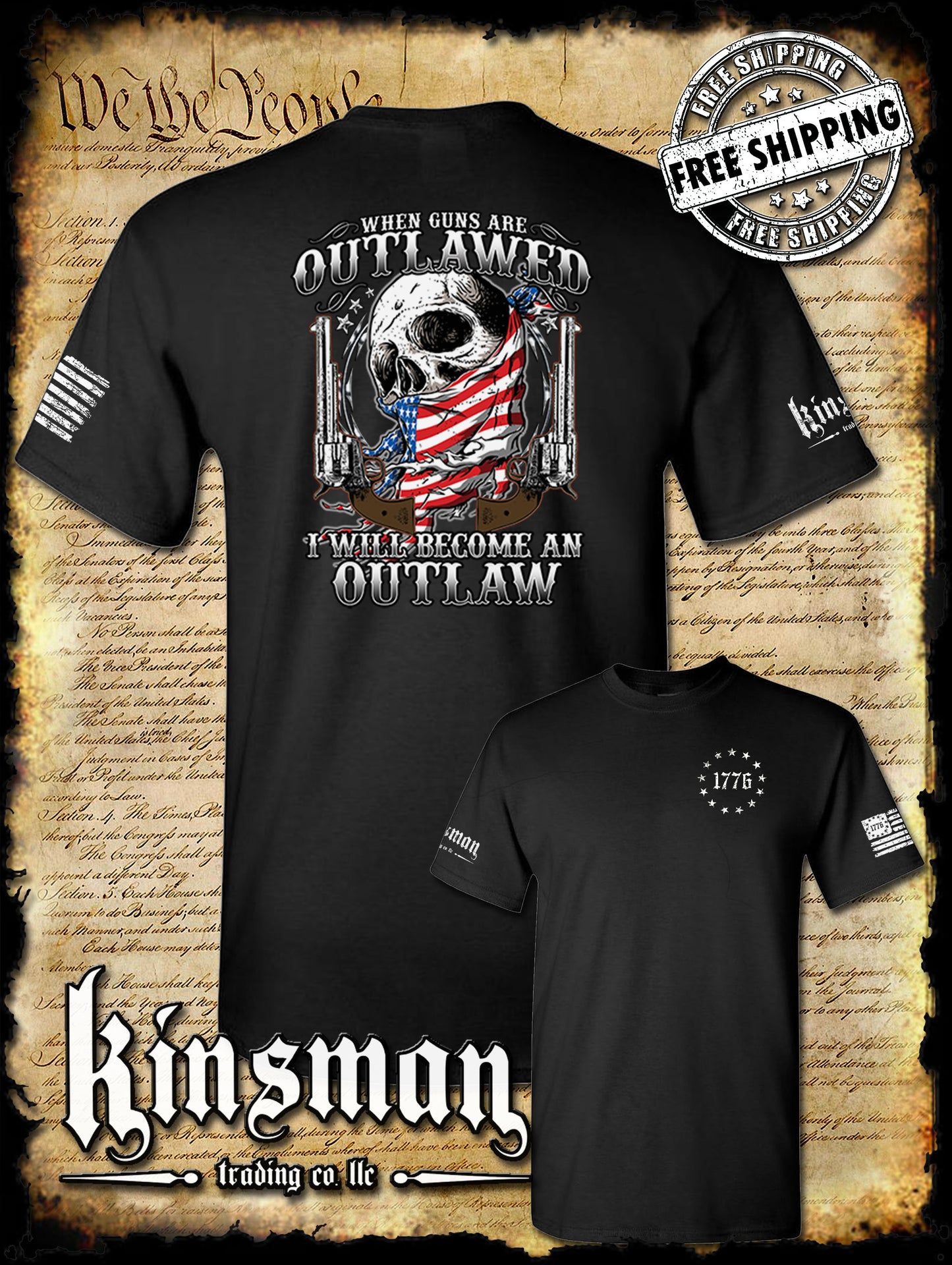 When Guns Are Outlawed I Will Be an Outlaw T-Shirt USA Flag Skull & Pistols 1776
