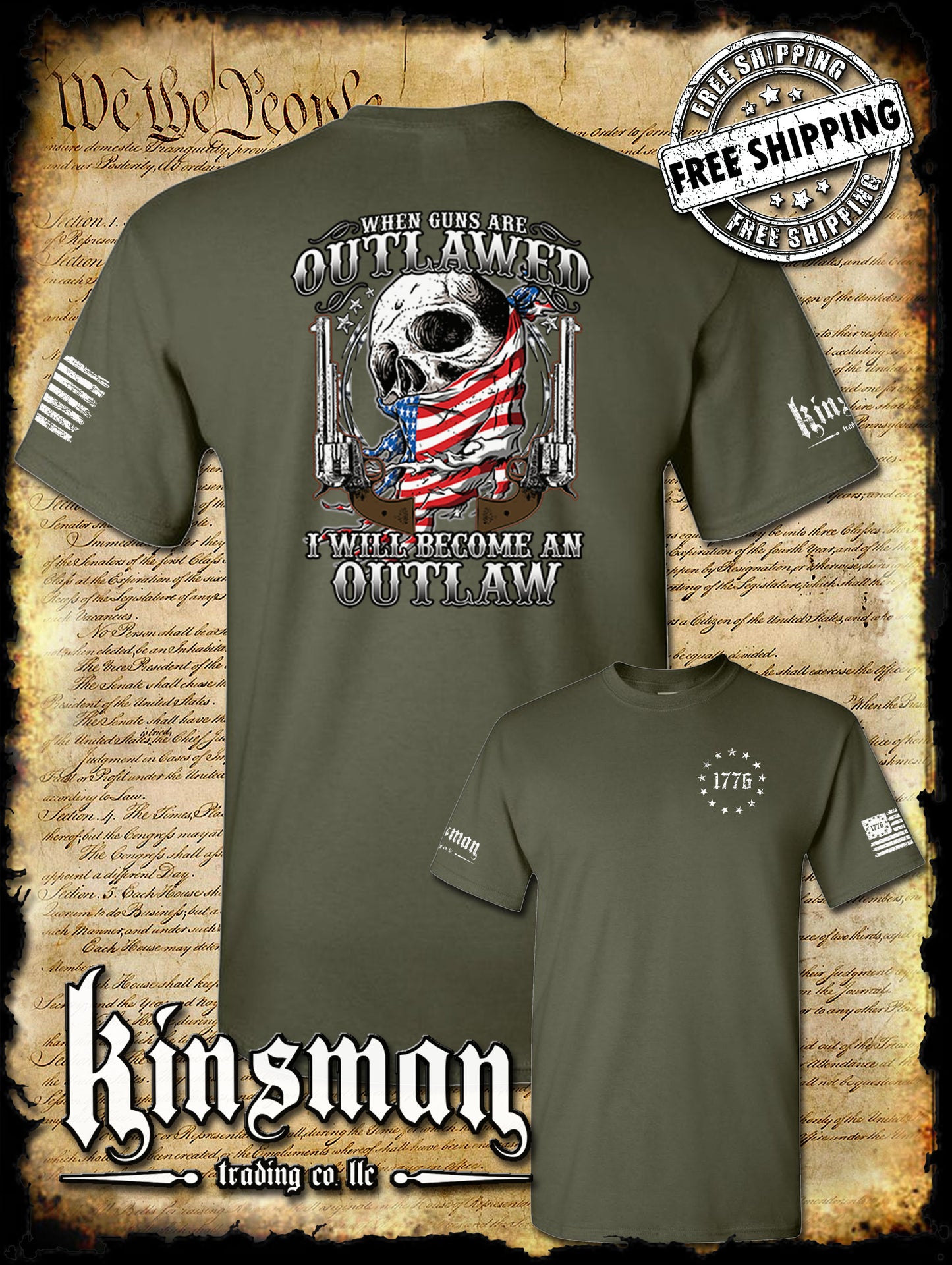 When Guns Are Outlawed I Will Be an Outlaw T-Shirt USA Flag Skull & Pistols 1776