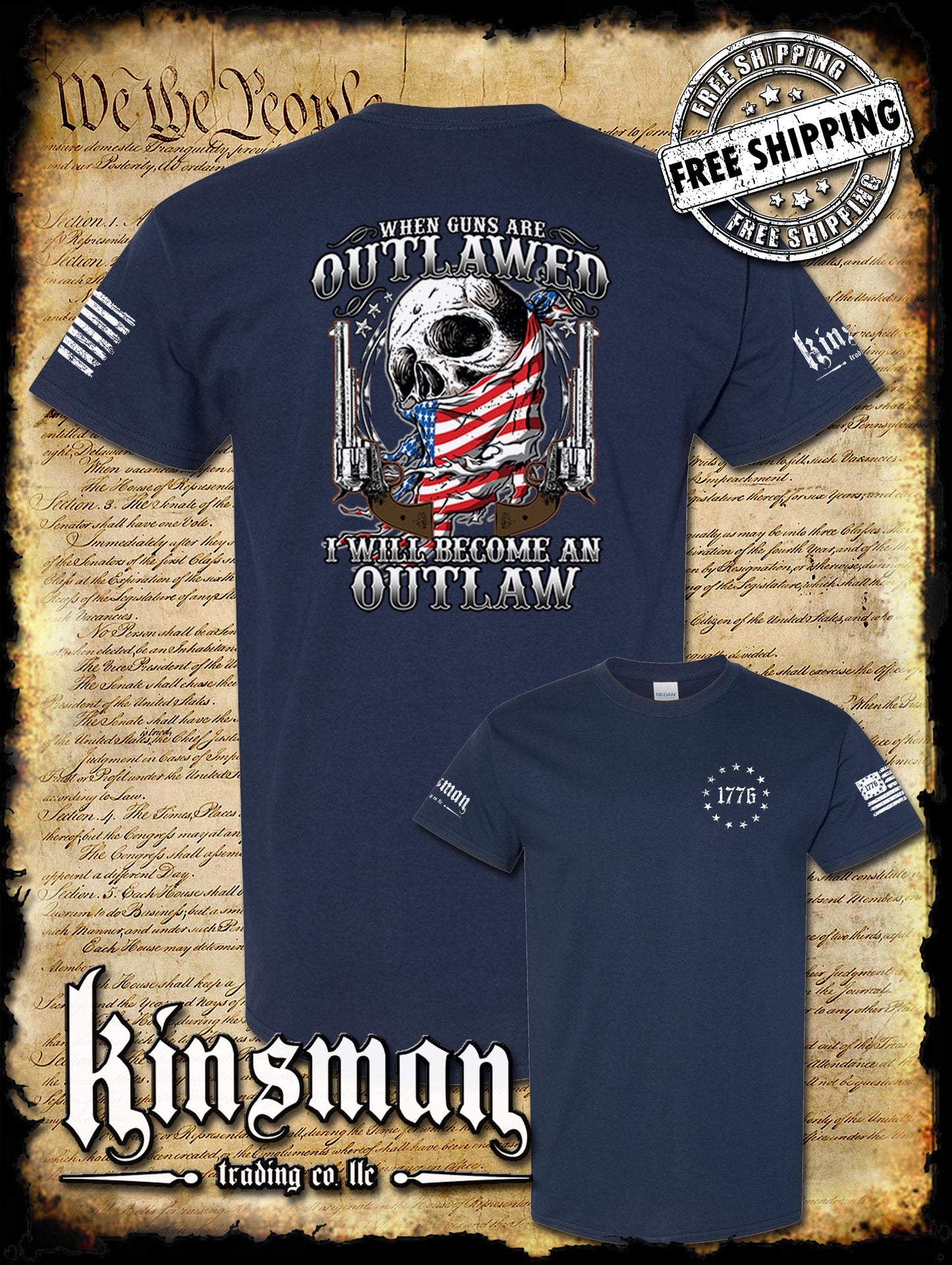 When Guns Are Outlawed I Will Be an Outlaw T-Shirt USA Flag Skull & Pistols 1776