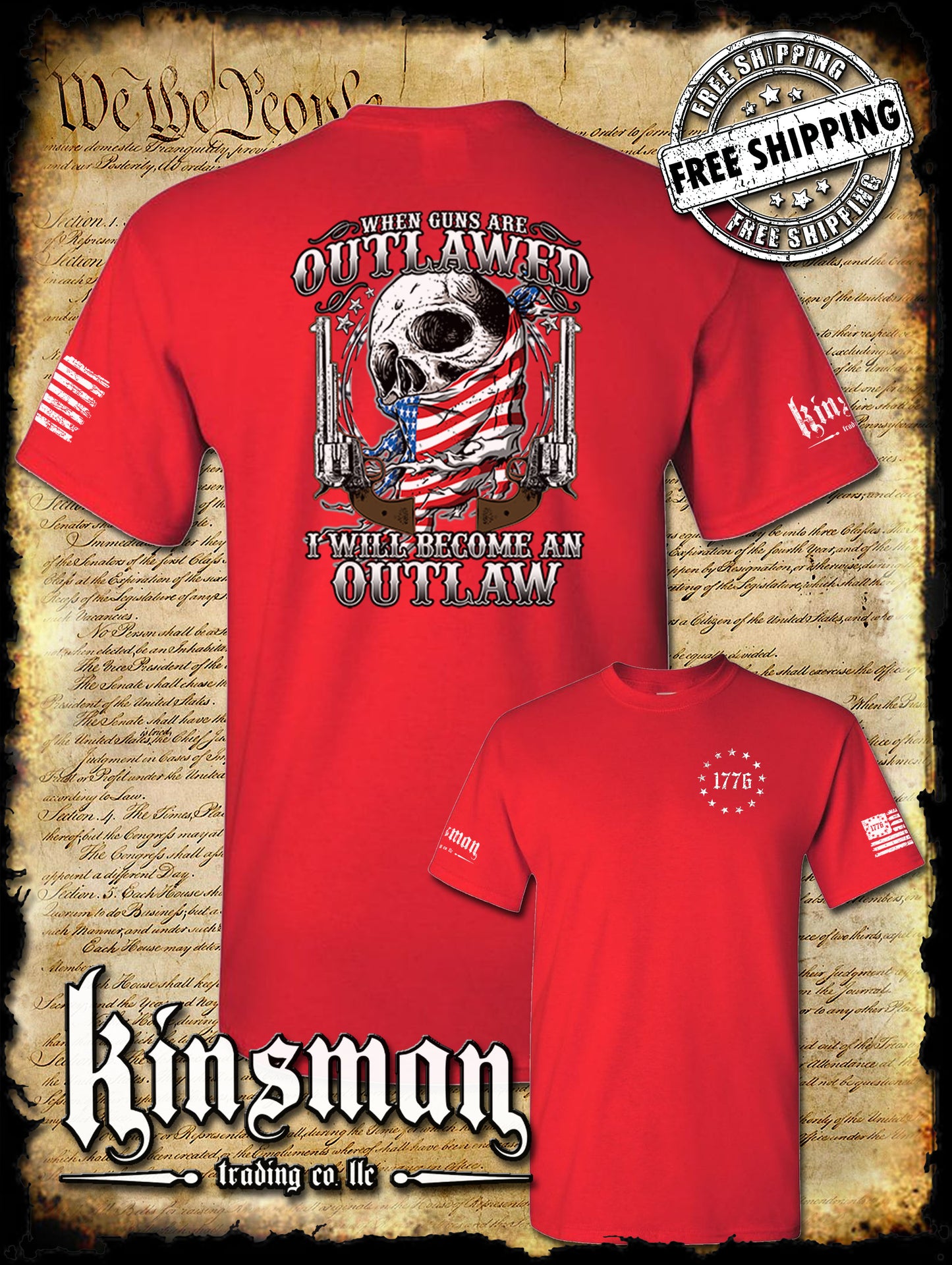 When Guns Are Outlawed I Will Be an Outlaw T-Shirt USA Flag Skull & Pistols 1776