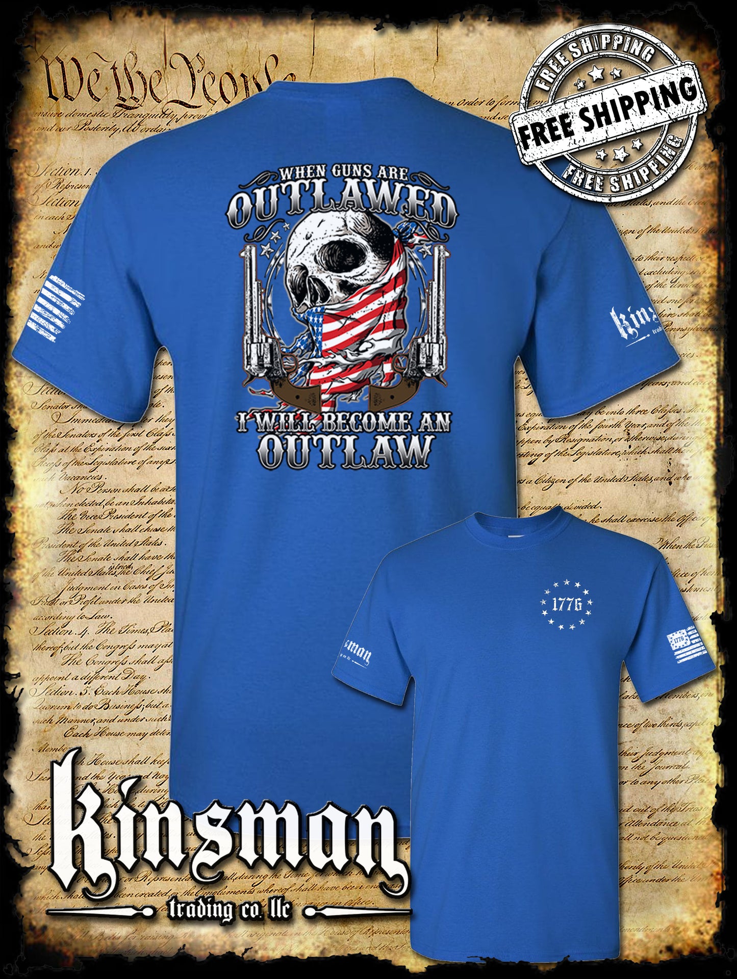 When Guns Are Outlawed I Will Be an Outlaw T-Shirt USA Flag Skull & Pistols 1776