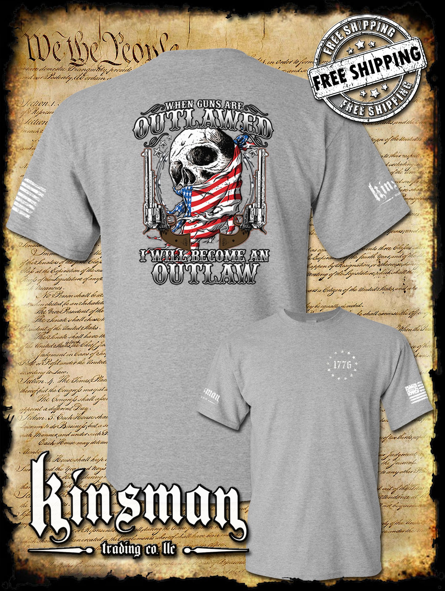 When Guns Are Outlawed I Will Be an Outlaw T-Shirt USA Flag Skull & Pistols 1776