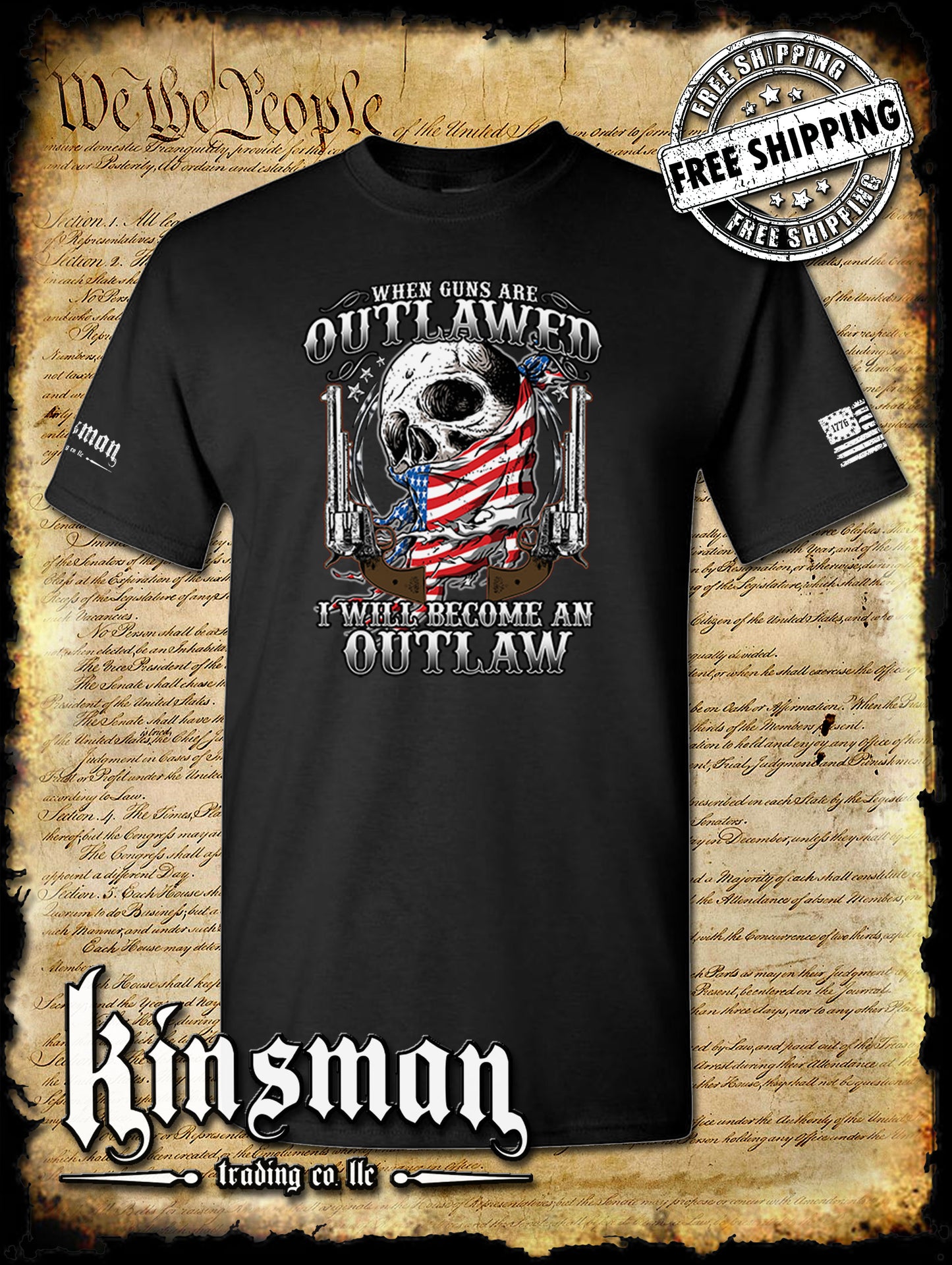 Outlaw 2nd Amendment Guns American Flag Skull T-Shirt Right to Bear