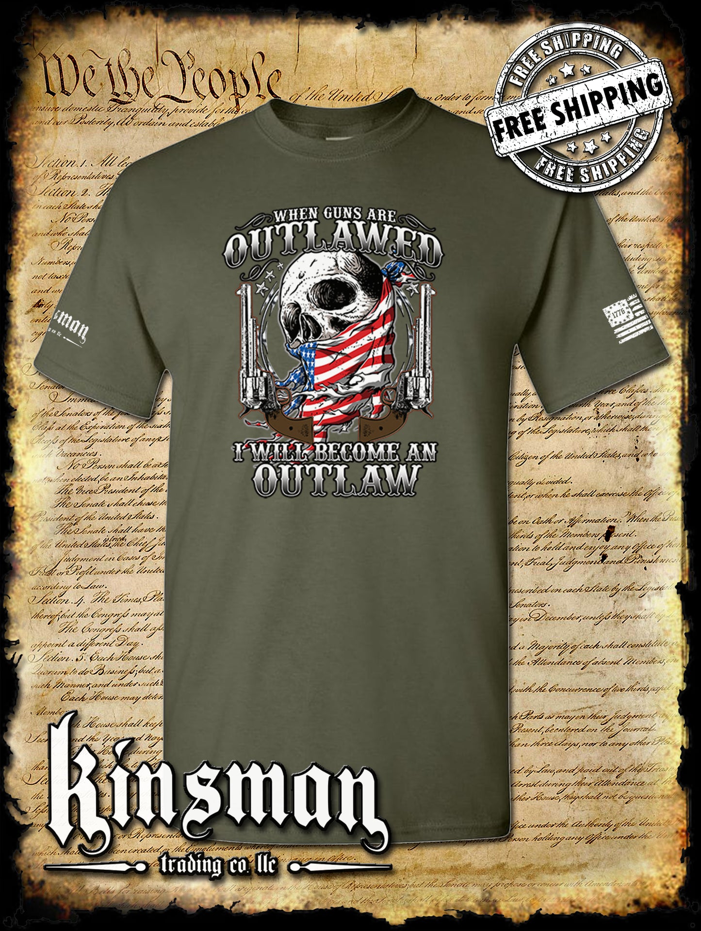 Outlaw 2nd Amendment Guns American Flag Skull T-Shirt Right to Bear