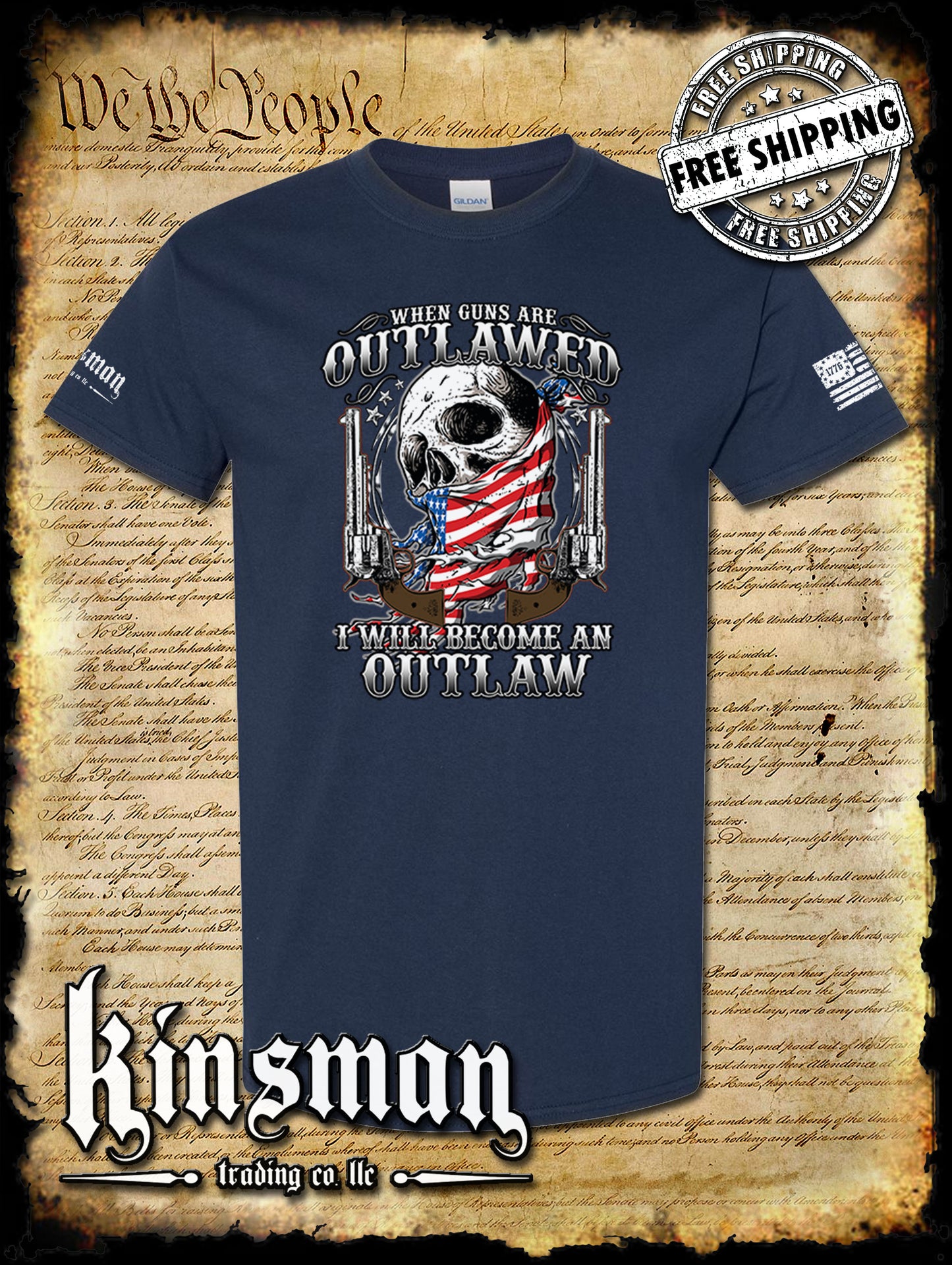Outlaw 2nd Amendment Guns American Flag Skull T-Shirt Right to Bear