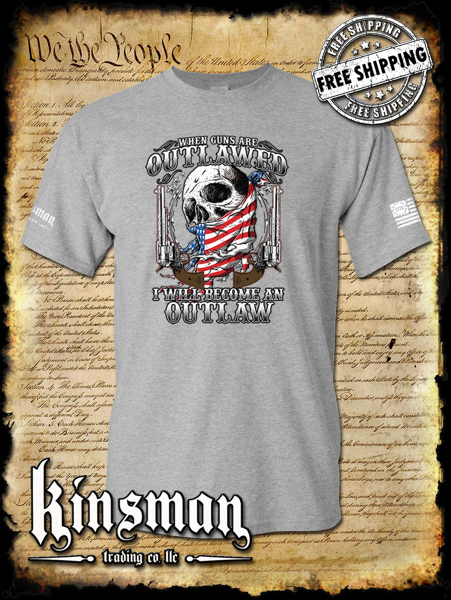 Outlaw 2nd Amendment Guns American Flag Skull T-Shirt Right to Bear
