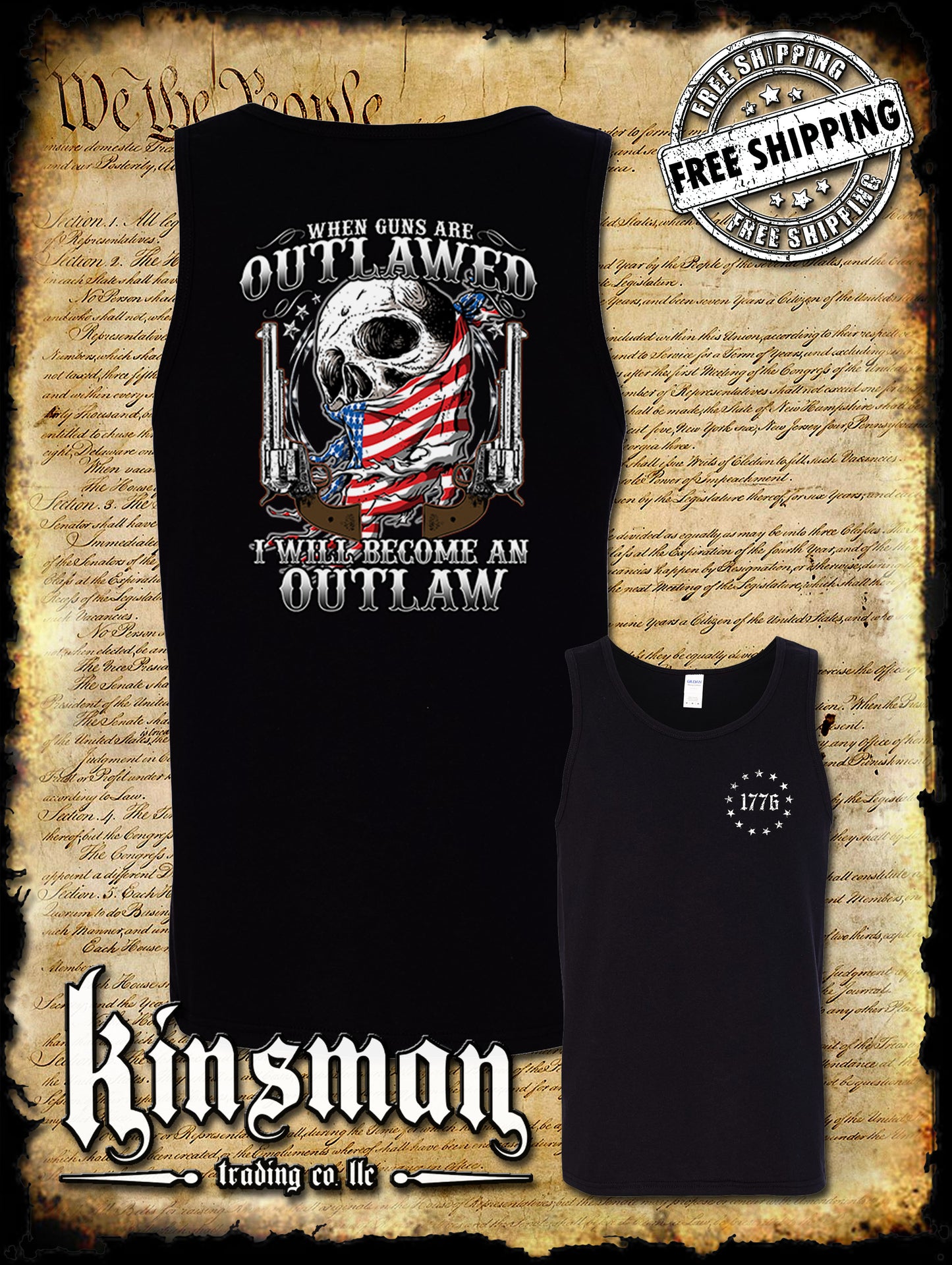 Outlaw 2nd Amendment Guns American Flag Skull 2-SIDED Tank Top T-Shirt