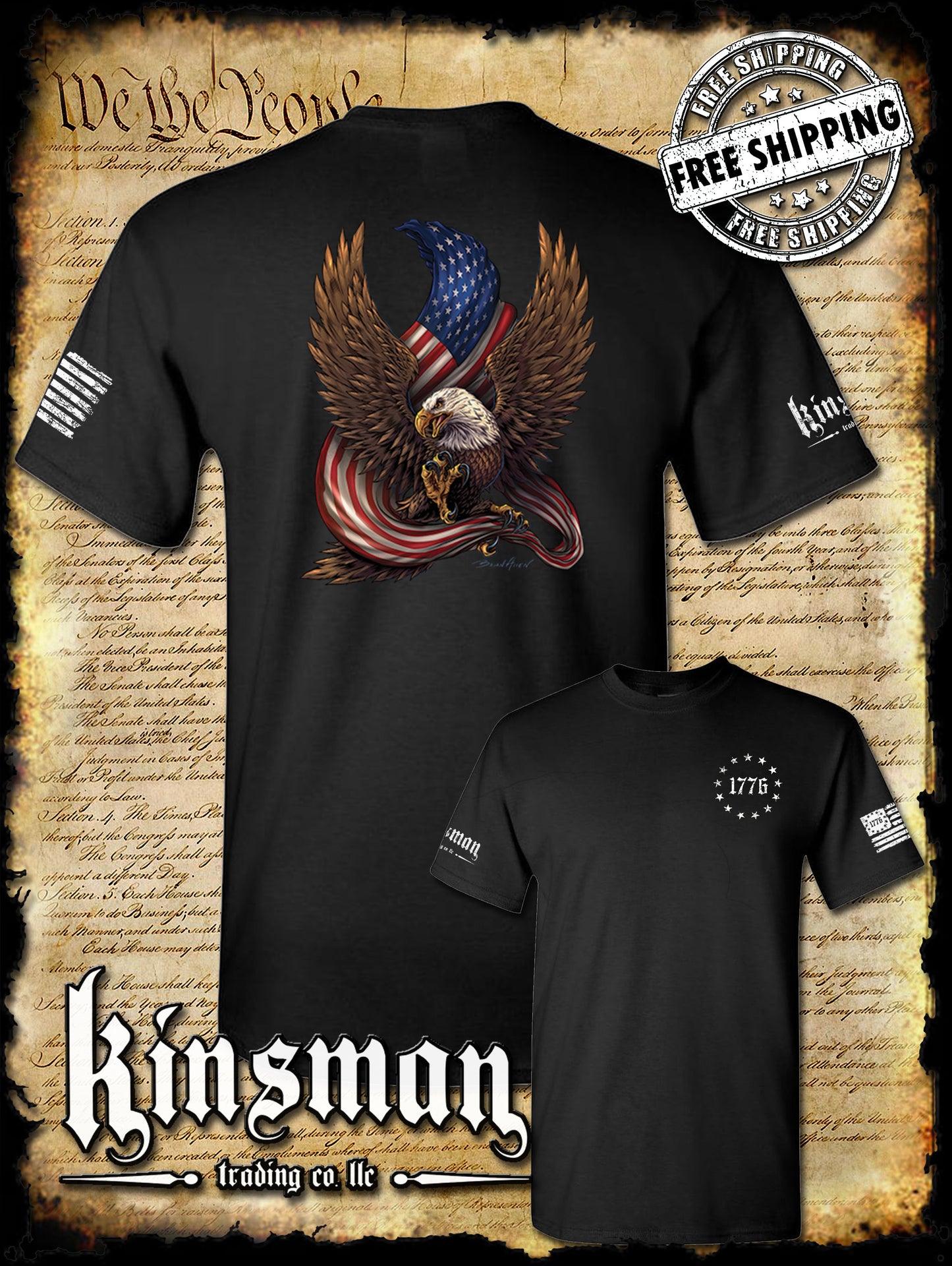 American Flag / Eagle 1776 2-Sided T-Shirt / Patriotism Freedom USA 2nd Amendment