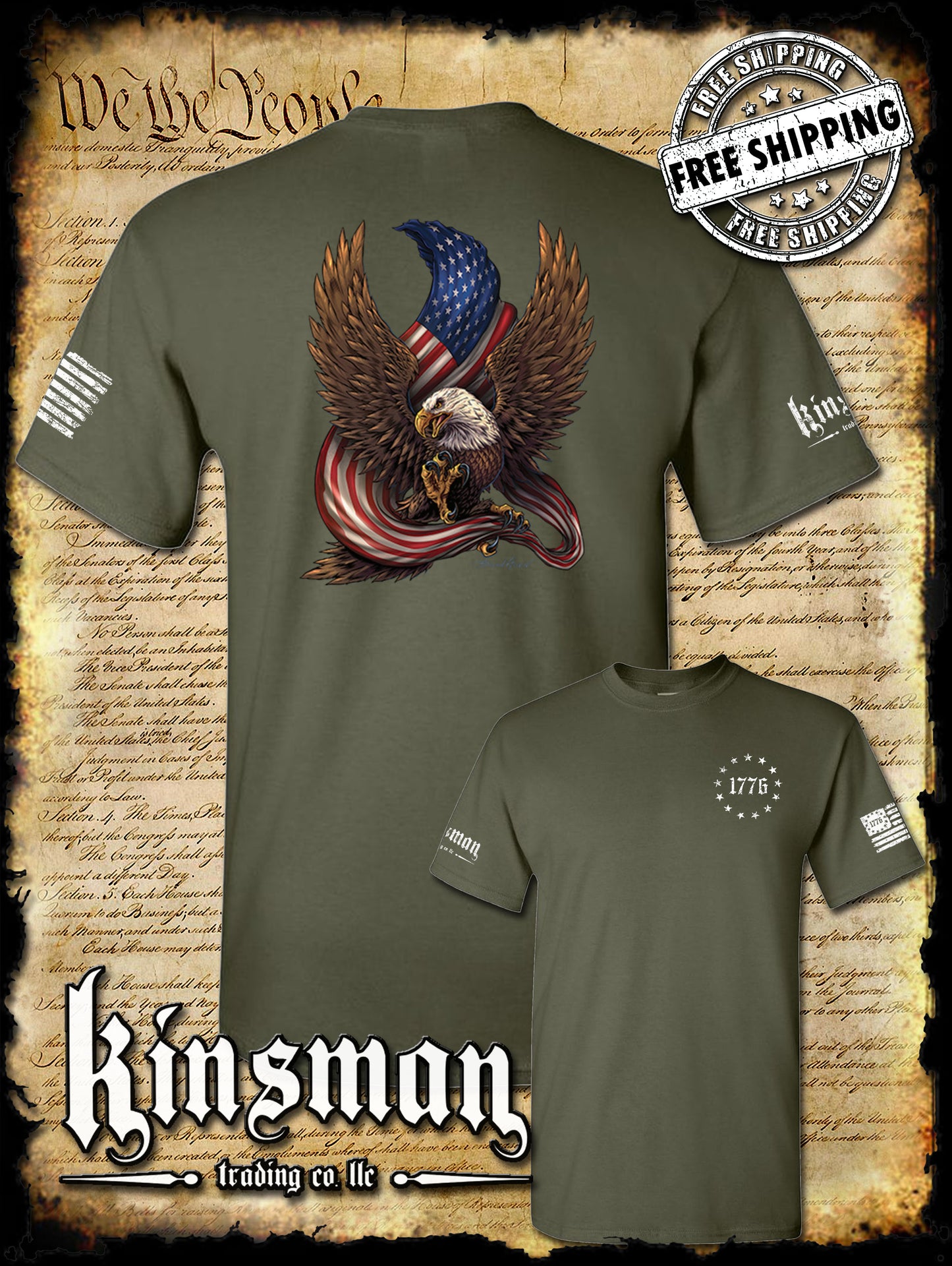 American Flag / Eagle 1776 2-Sided T-Shirt / Patriotism Freedom USA 2nd Amendment