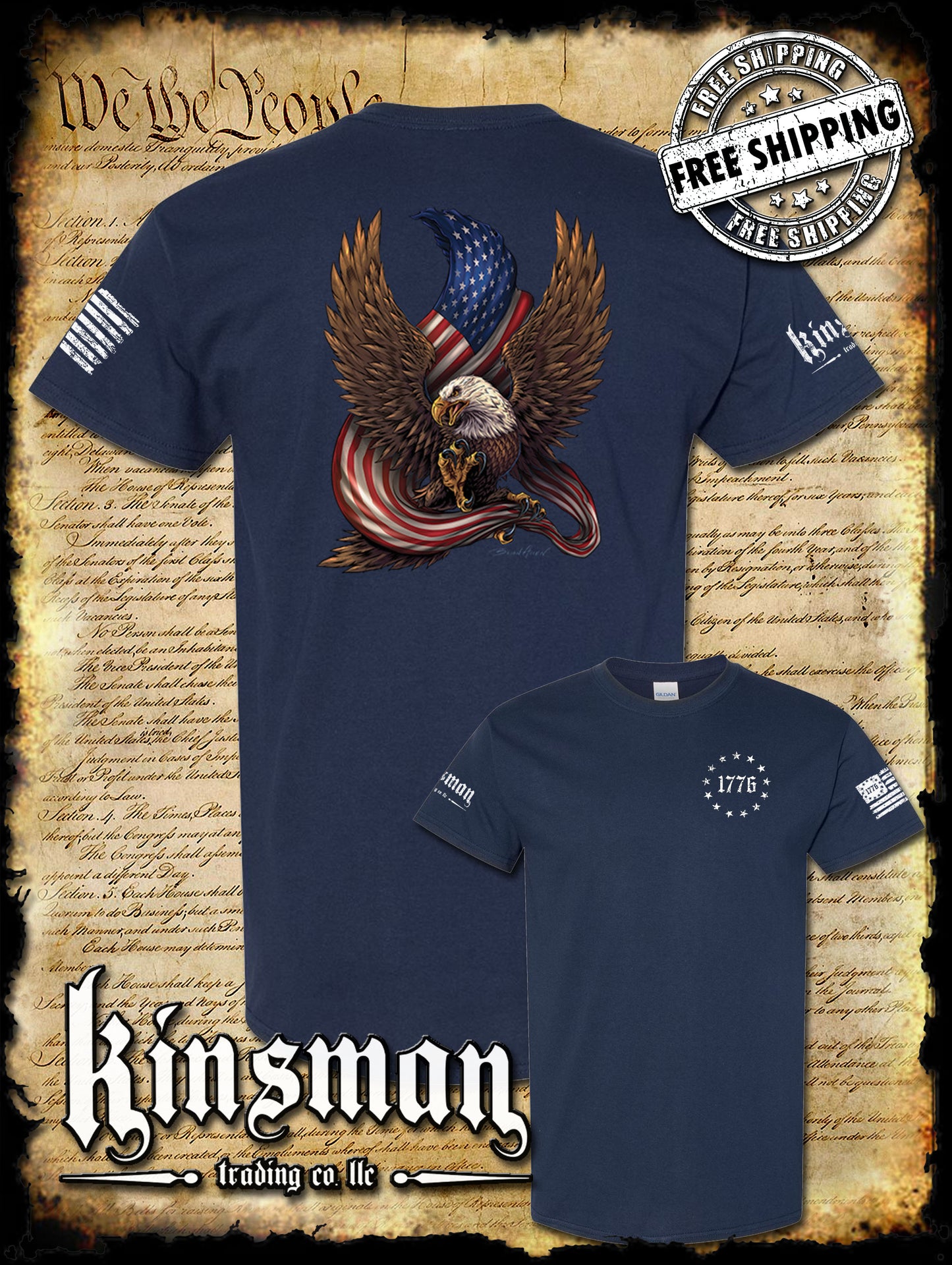 American Flag / Eagle 1776 2-Sided T-Shirt / Patriotism Freedom USA 2nd Amendment