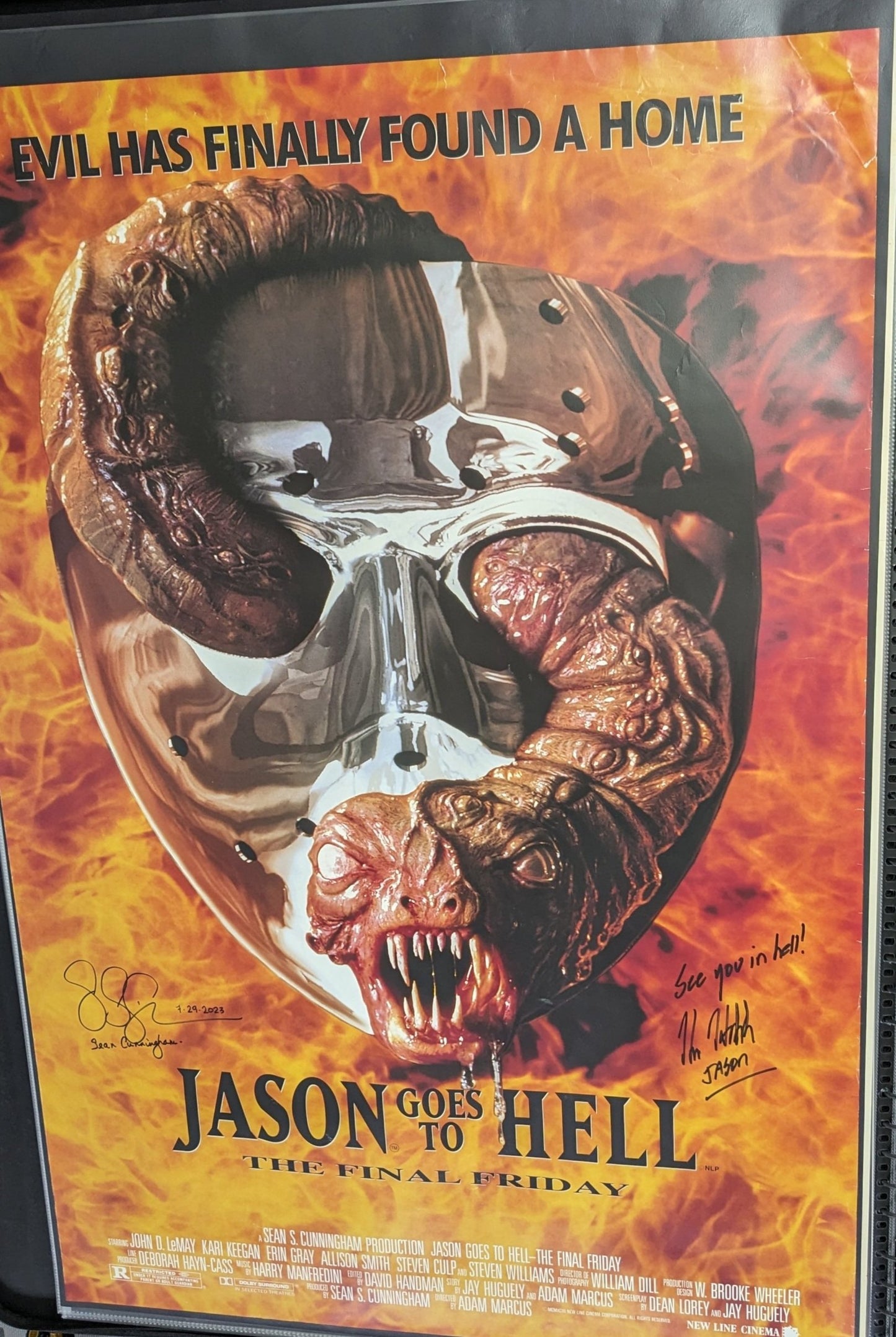Jason Goes To Hell 27x40 DS One Sheet Poster Signed Kane Hodder & Sean Cunningham Friday the 13th