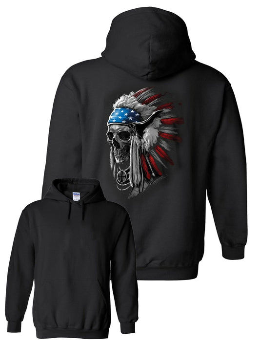 Patriotic Chief Skull Native American War Bonnet Feather Hoodie USA Freedom