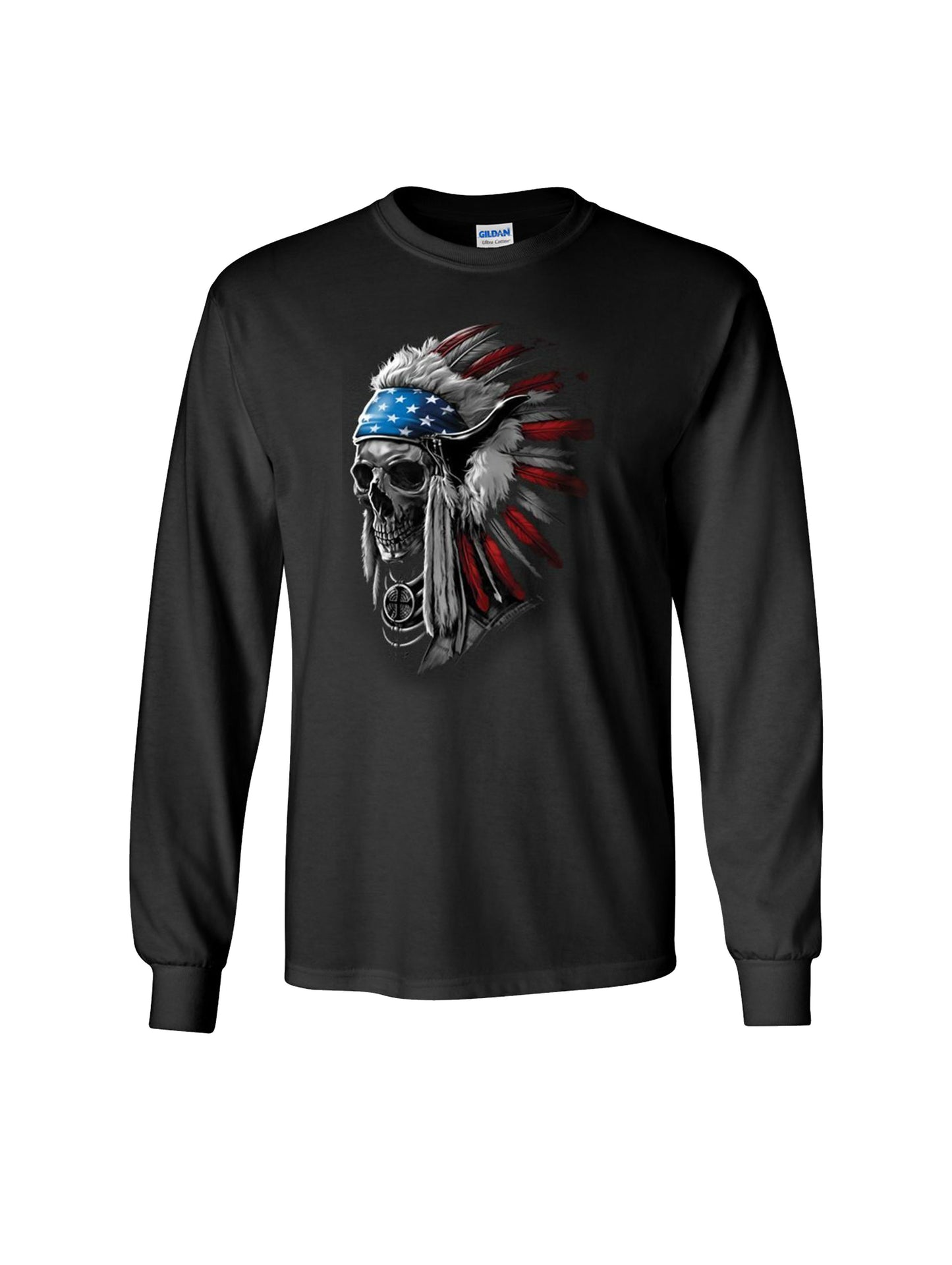 Patriotic Chief Skull Native American War Bonnet Feather Long Sleeve T-Shirt