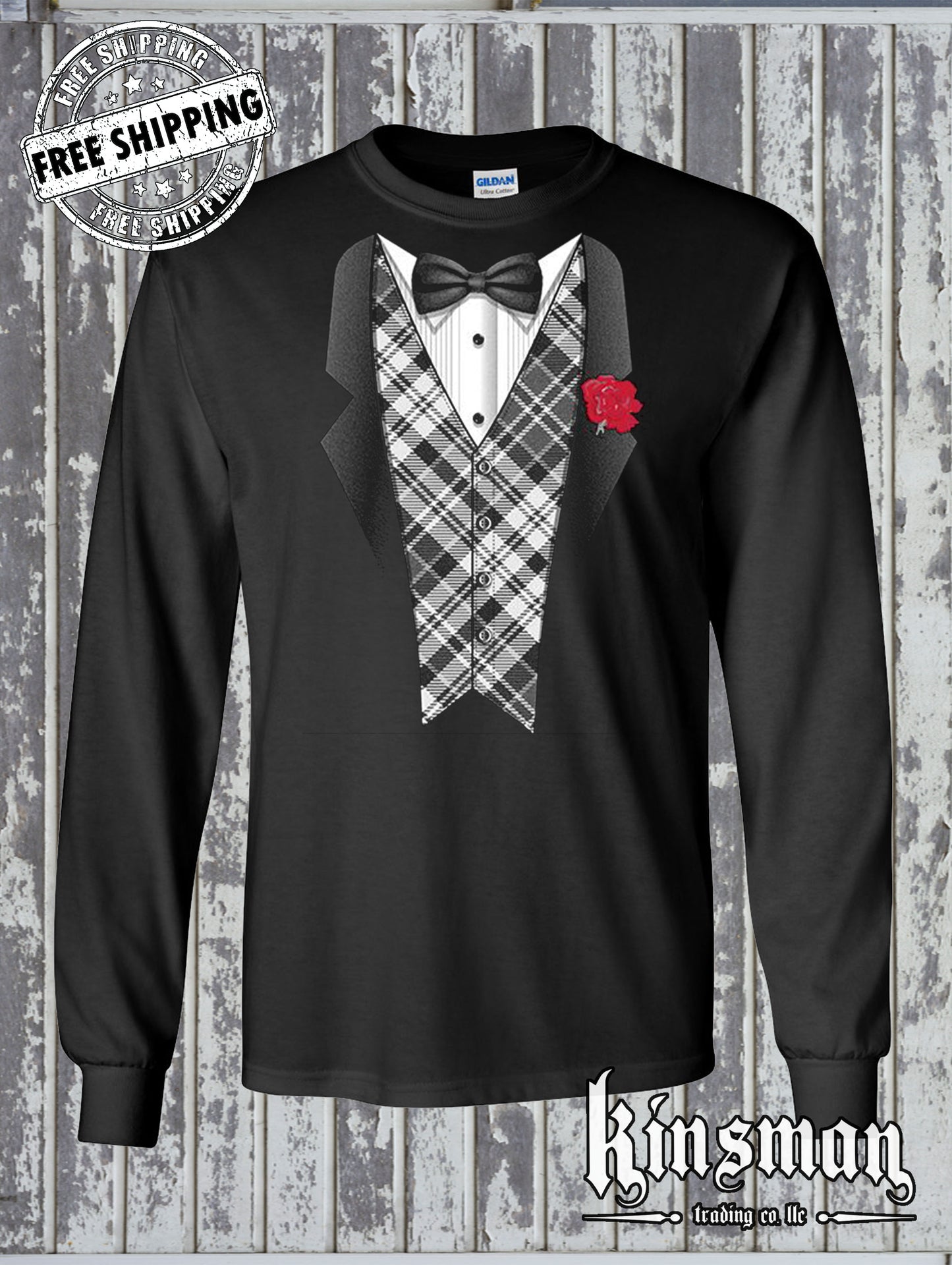 Plaid Tuxedo Novelty Long Sleeve T-Shirt - Funny Tux Wedding Graduation Bachelor Party Gift