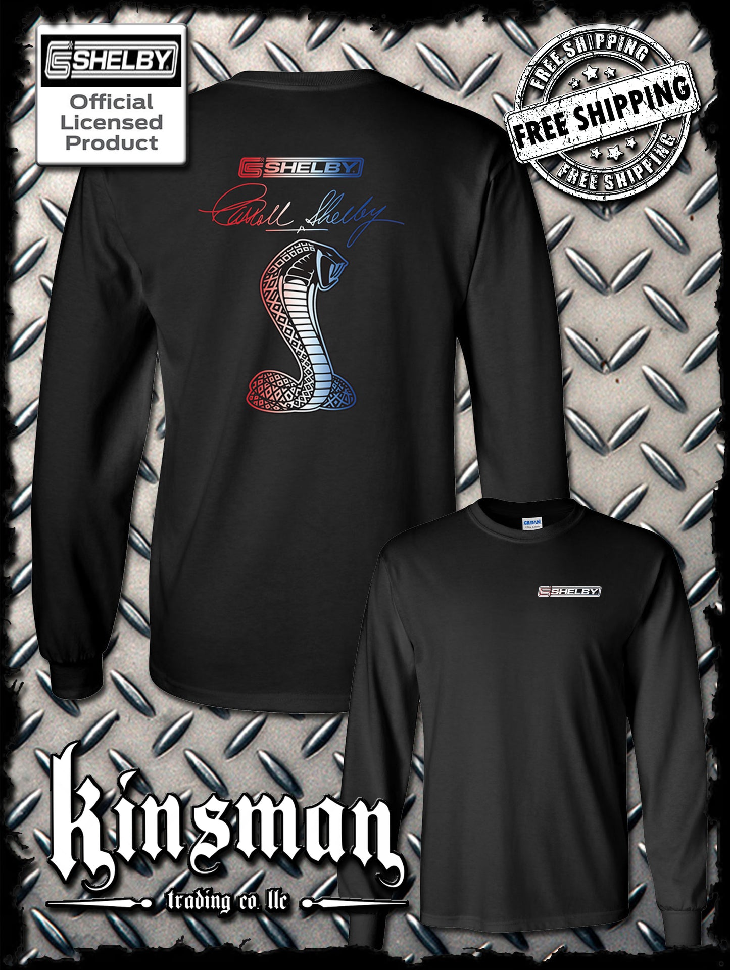 Carroll Shelby Red White & Blue Cobra USA Logo 2-Sided Long Sleeve T-Shirt