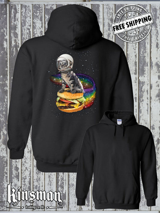 Astronaut Cat Flying a Rainbow Cheeseburger Hoodie Sweatshirt Space Kitten