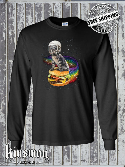 Astronaut Cat Flying a Rainbow Cheeseburger Long Sleeve T-Shirt Space Kitten