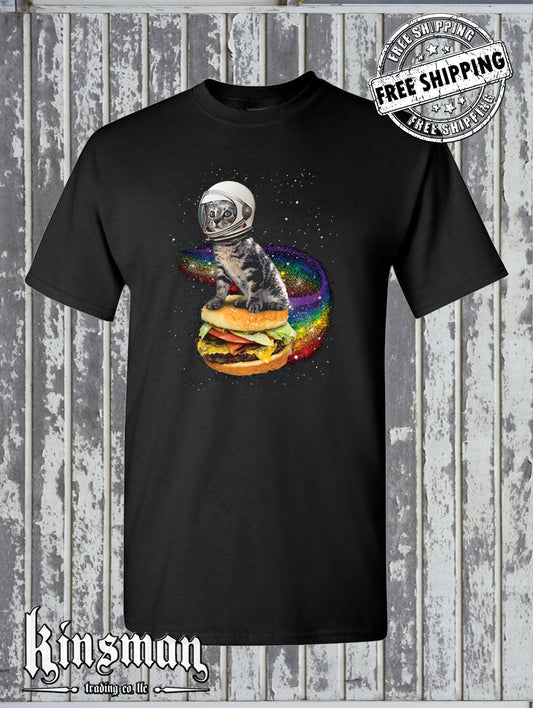 Astronaut Cat Flying a Rainbow Cheeseburger T-Shirt Space Kitten