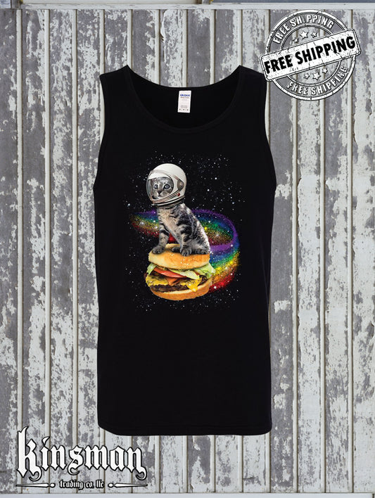 Astronaut Cat Flying a Rainbow Cheeseburger Tank Top T-Shirt Space Kitten
